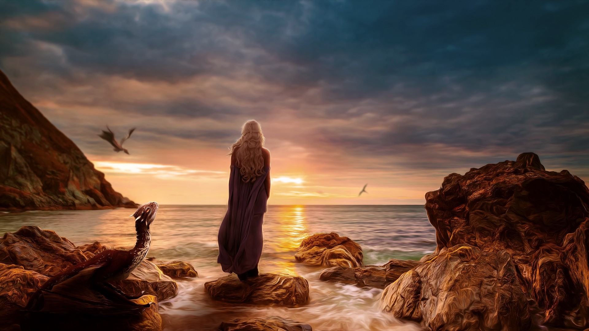 Daenerys Targaryen with Dragons on Beach HD Wallpaper