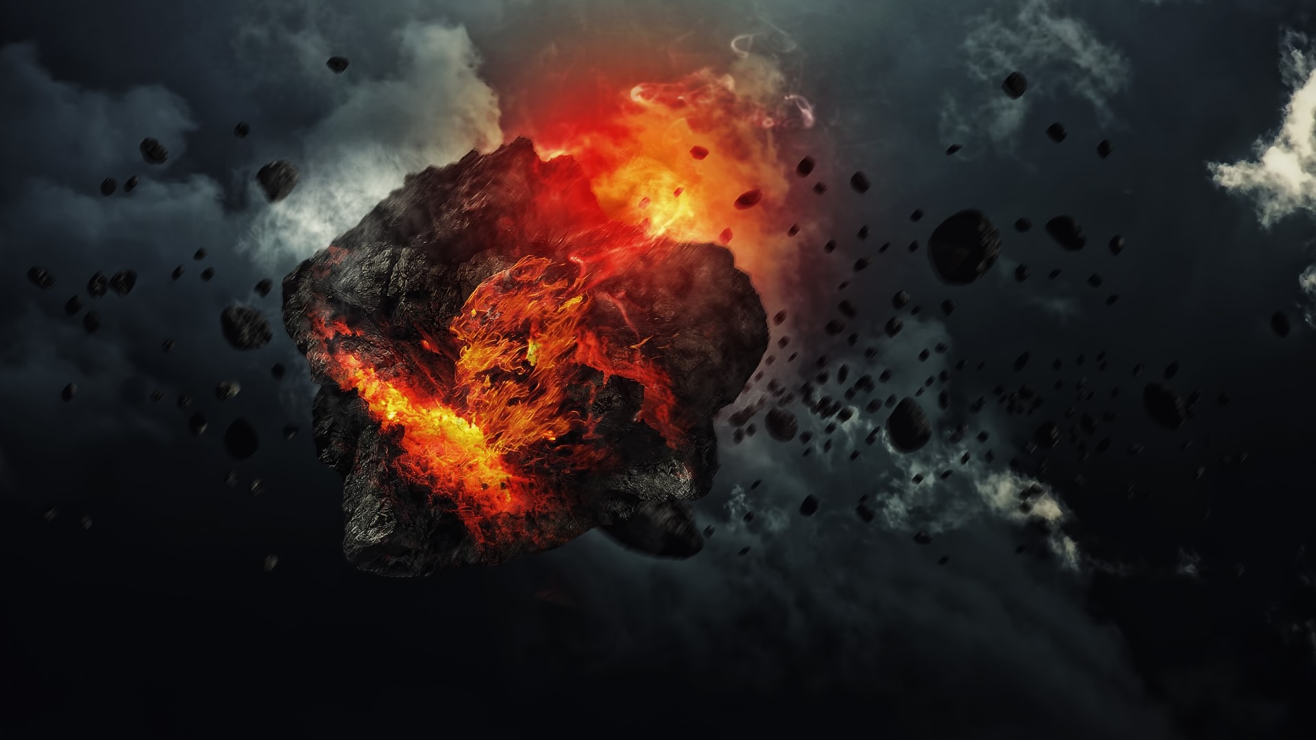 Fiery asteroid in a dark sky with debris HD Wallpaper