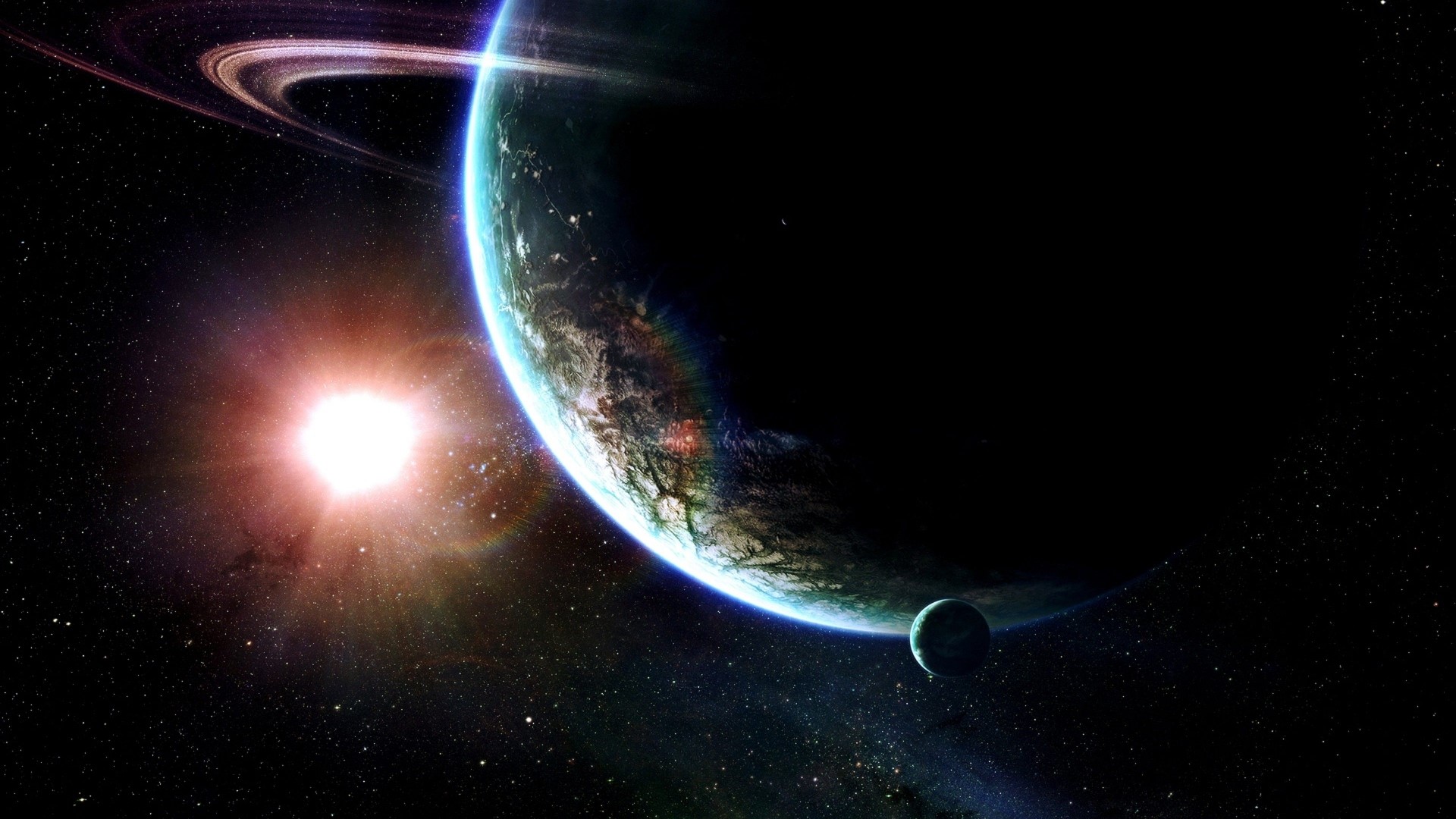 Planet with rings and moon in space near a star HD Wallpaper