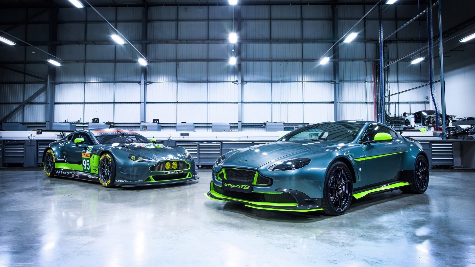 Aston Martin Vantage GT8 cars in a garage HD Wallpaper