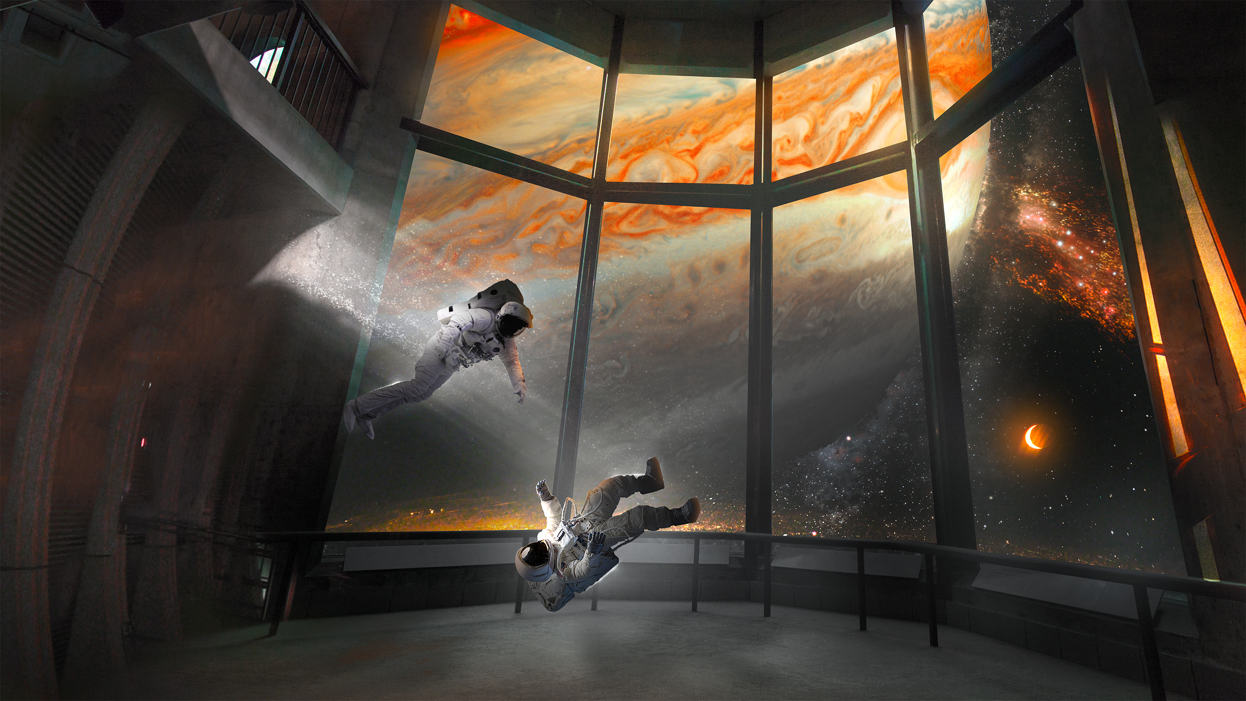 Astronauts floating inside a futuristic observatory with Jupiter view HD Wallpaper