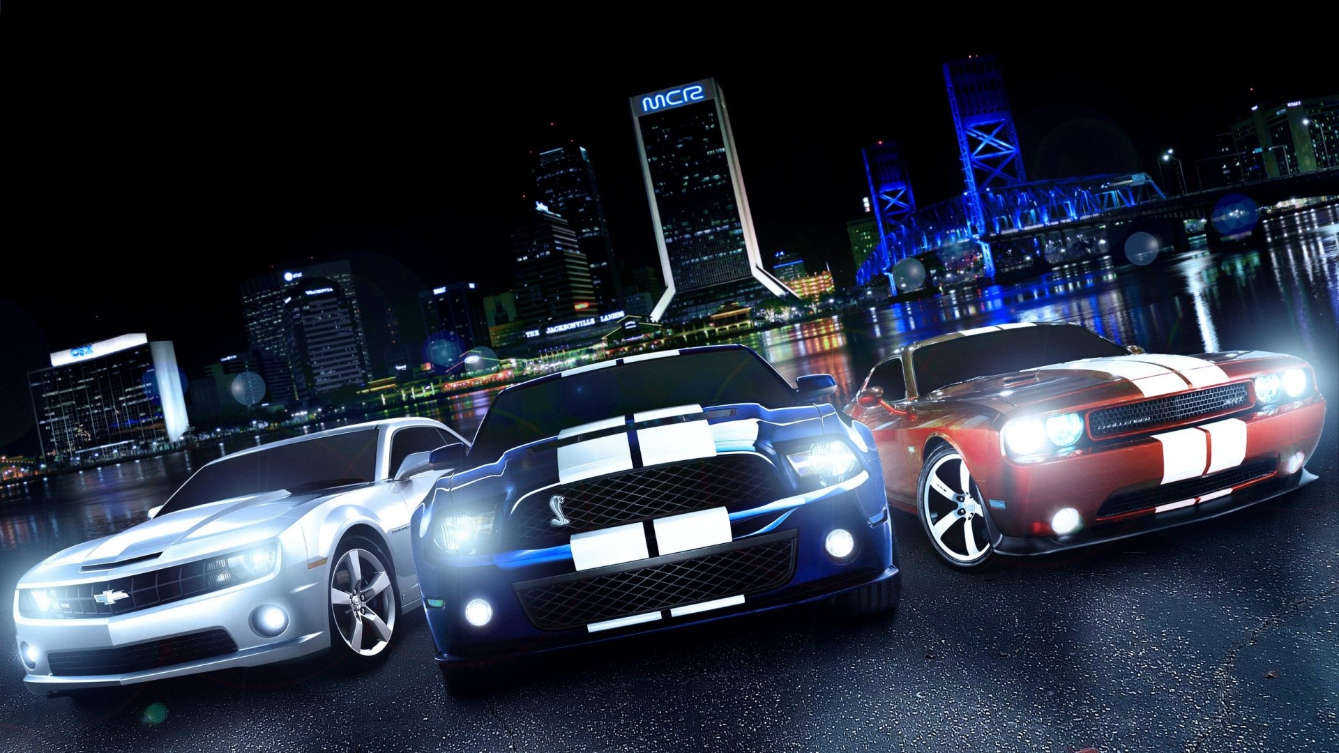 Muscle Cars in City at Night HD Wallpaper