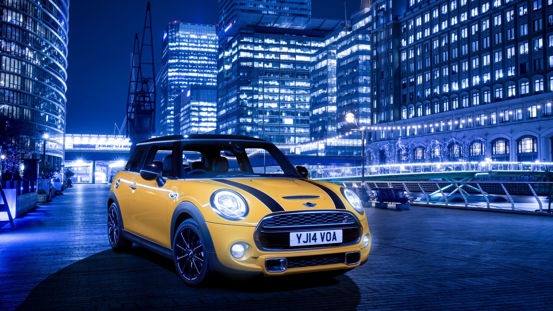 Yellow Mini Cooper S 2014 in City at Night HD Wallpaper