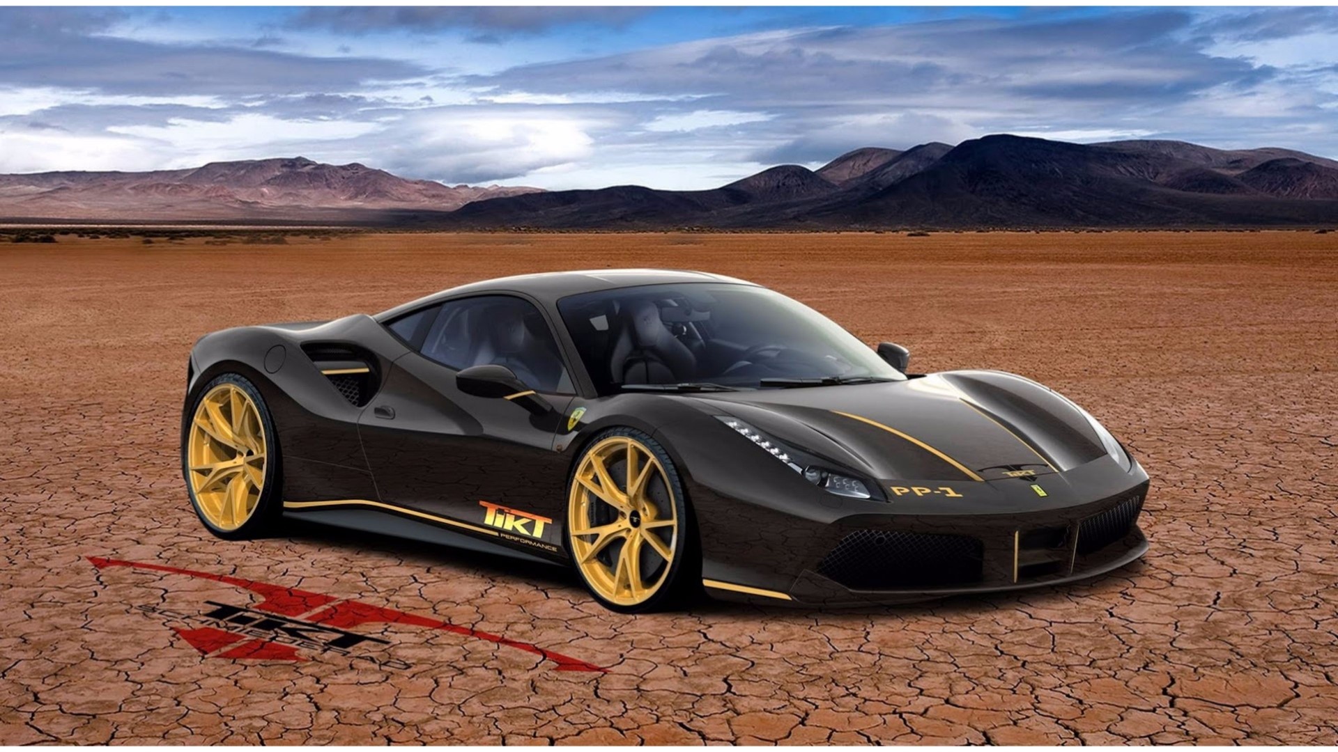 Black Ferrari 488 with gold accents on cracked earth HD Wallpaper
