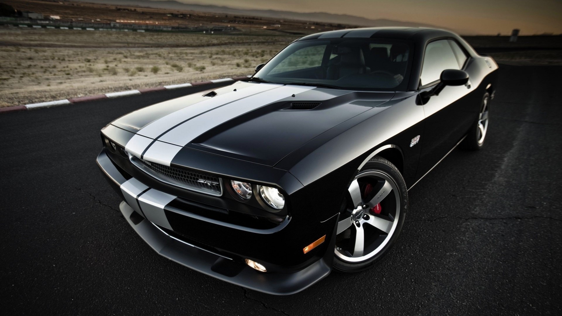 Black Dodge Challenger SRT8 with white stripes HD Wallpaper