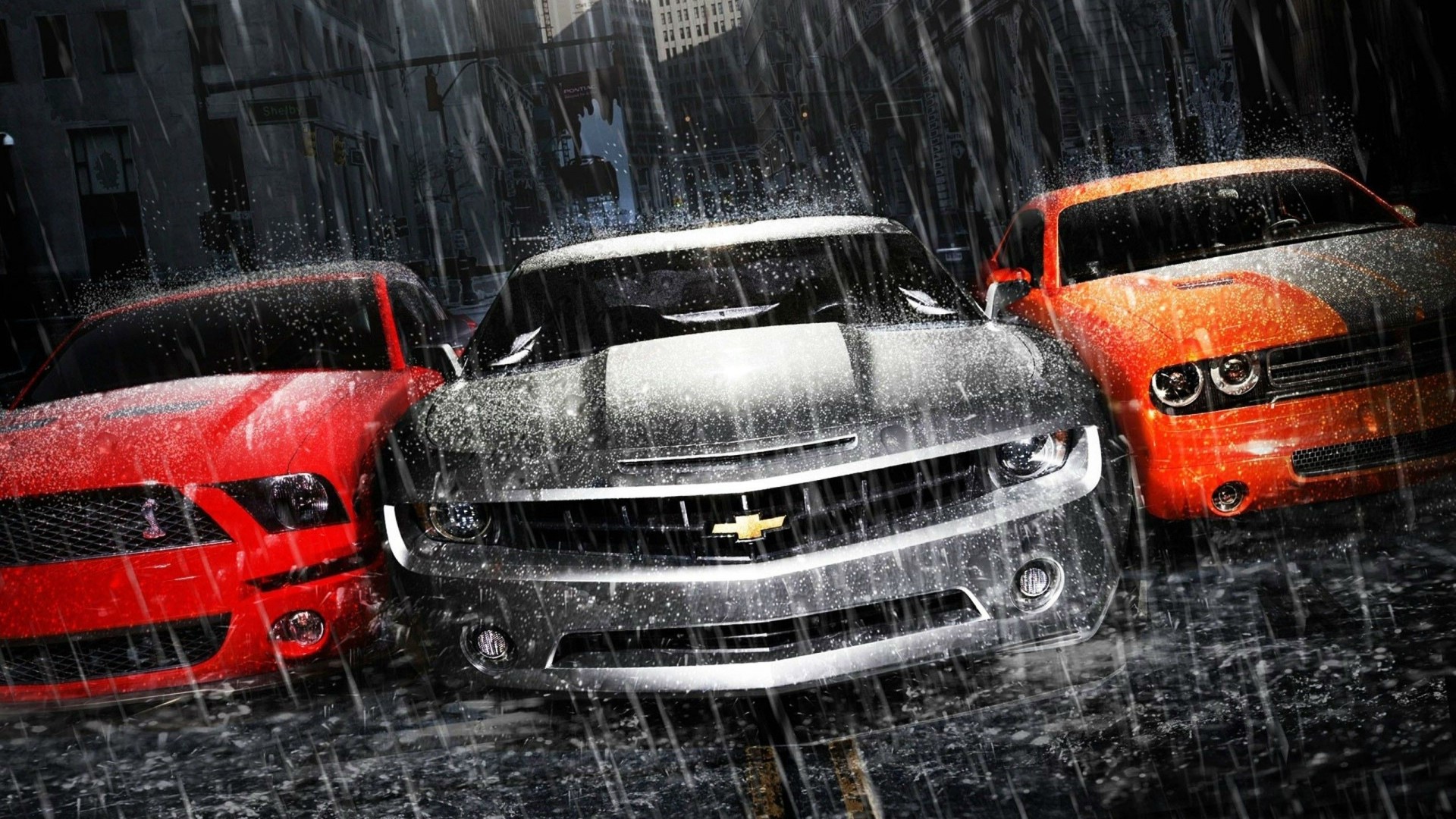 Three muscle cars in the rain HD Wallpaper