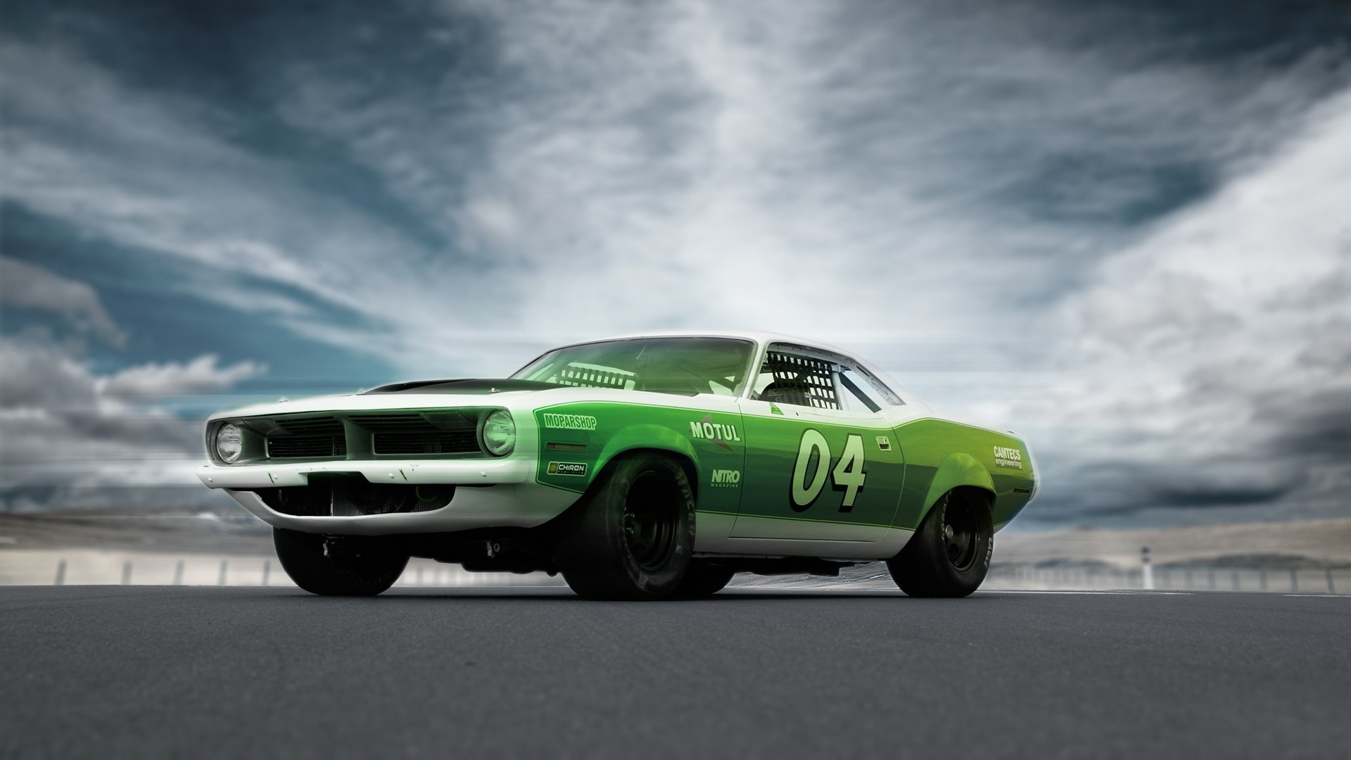 Green and white classic Plymouth Barracuda race car HD Wallpaper