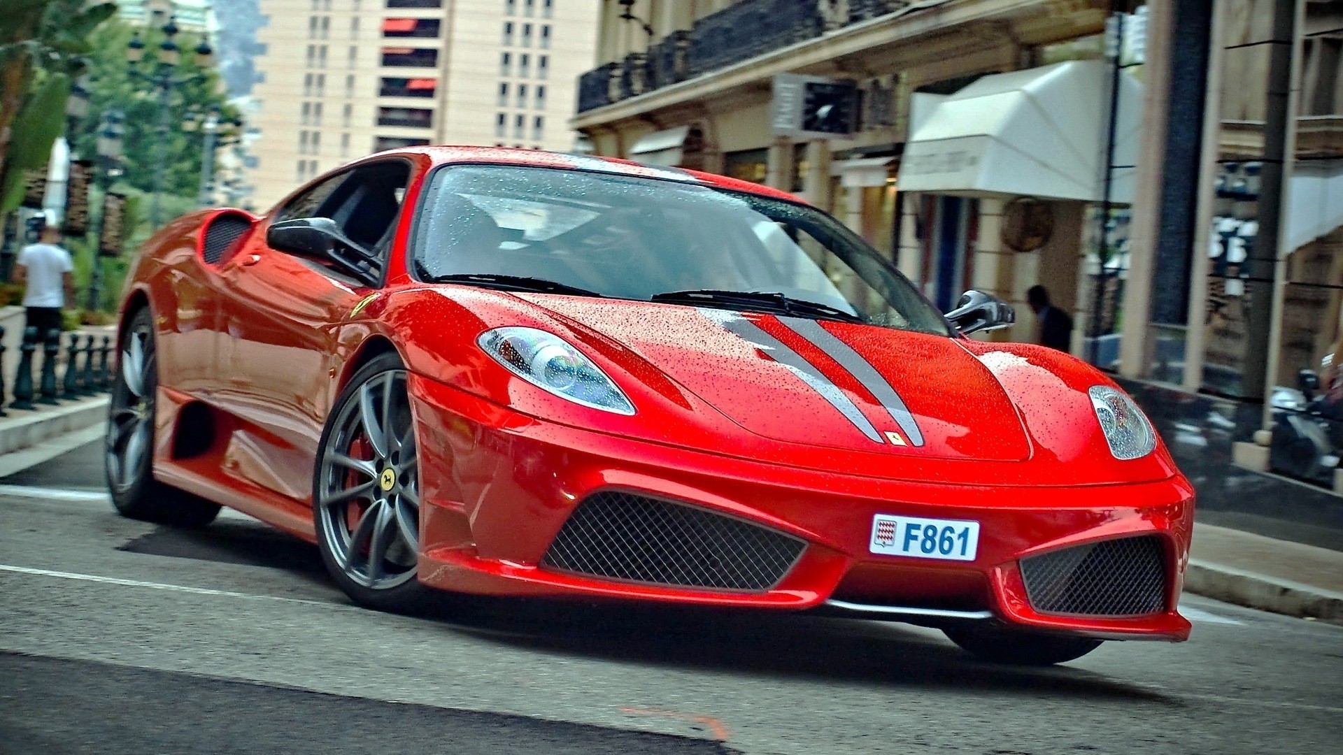 Red Ferrari F430 with water drops on a street HD Wallpaper