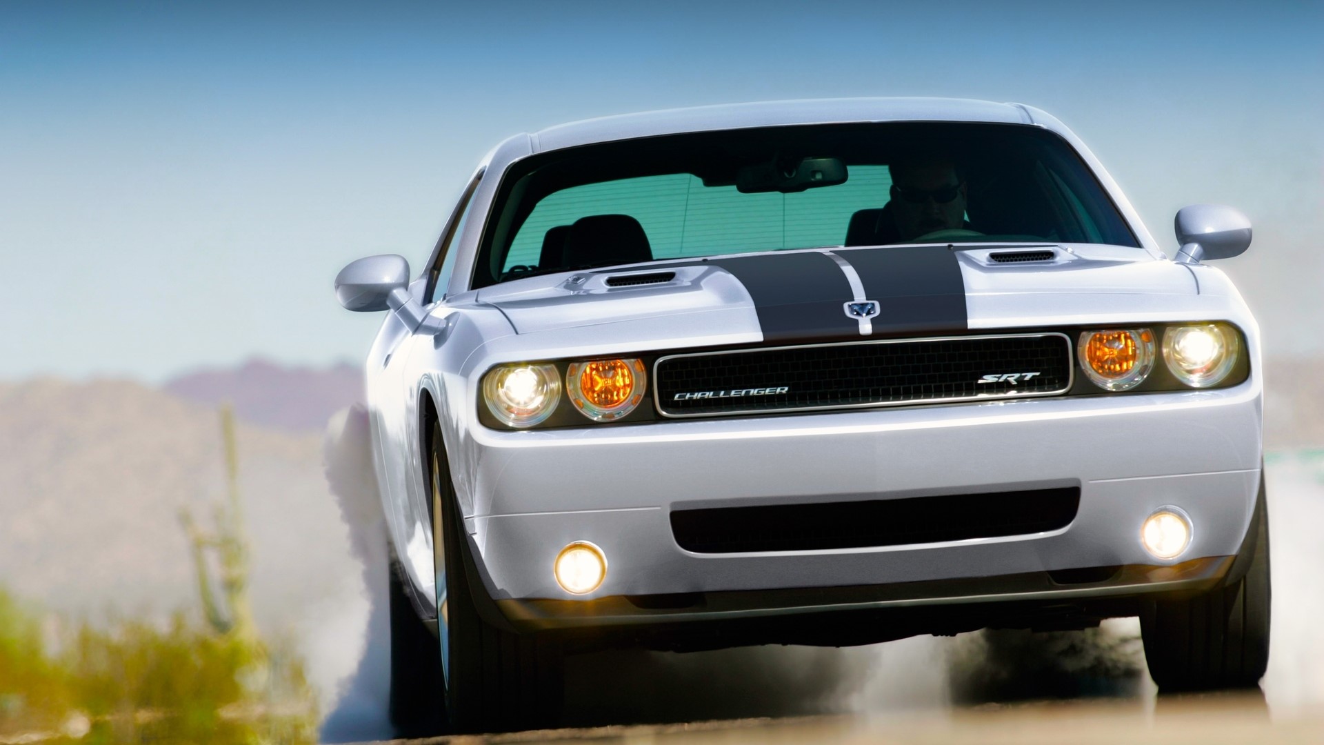 Silver Dodge Challenger SRT with black stripes HD Wallpaper