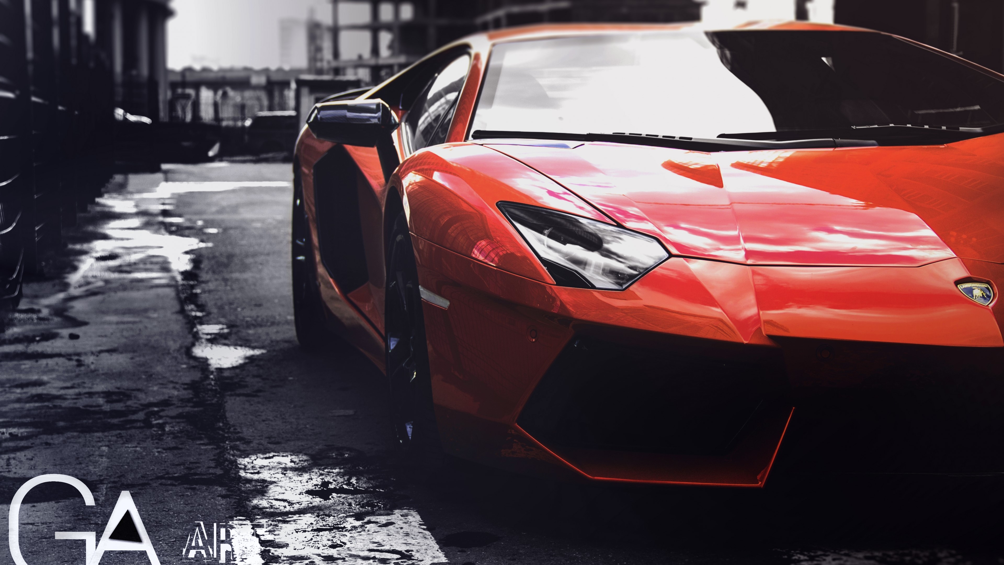 4K Orange Lamborghini on Wet Street HD Wallpaper
