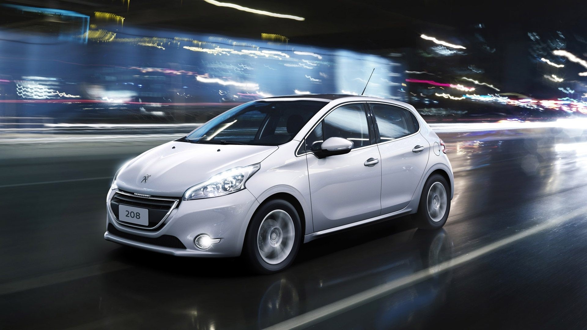 White Peugeot 208 driving at night HD Wallpaper