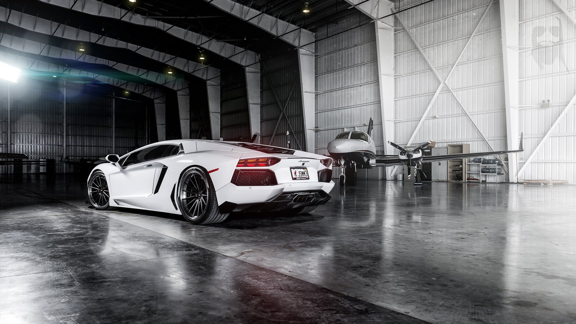 White Lamborghini Aventador in Hangar with Private Jet HD Wallpaper