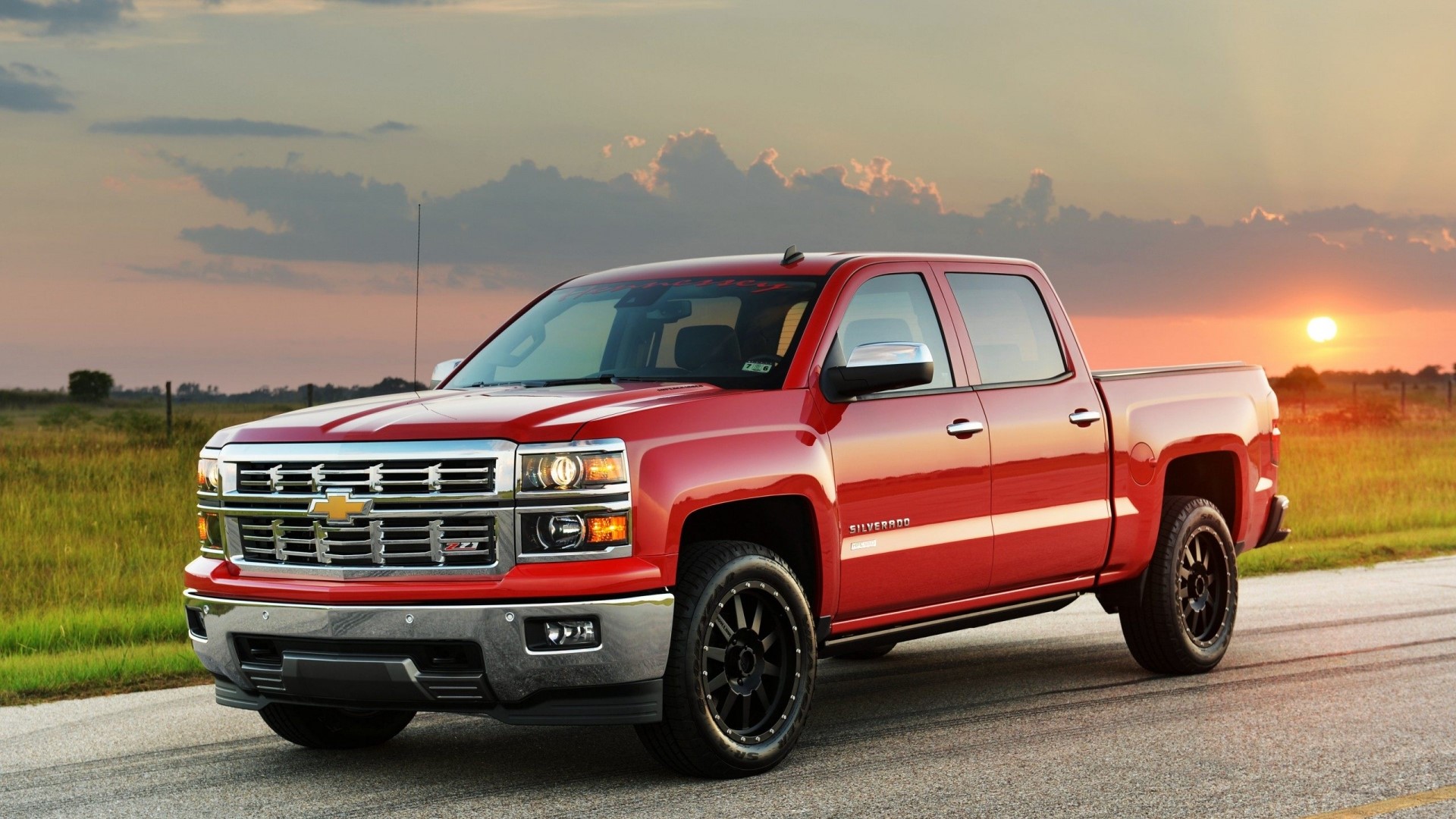 Red Chevrolet Silverado Truck at Sunset HD Wallpaper