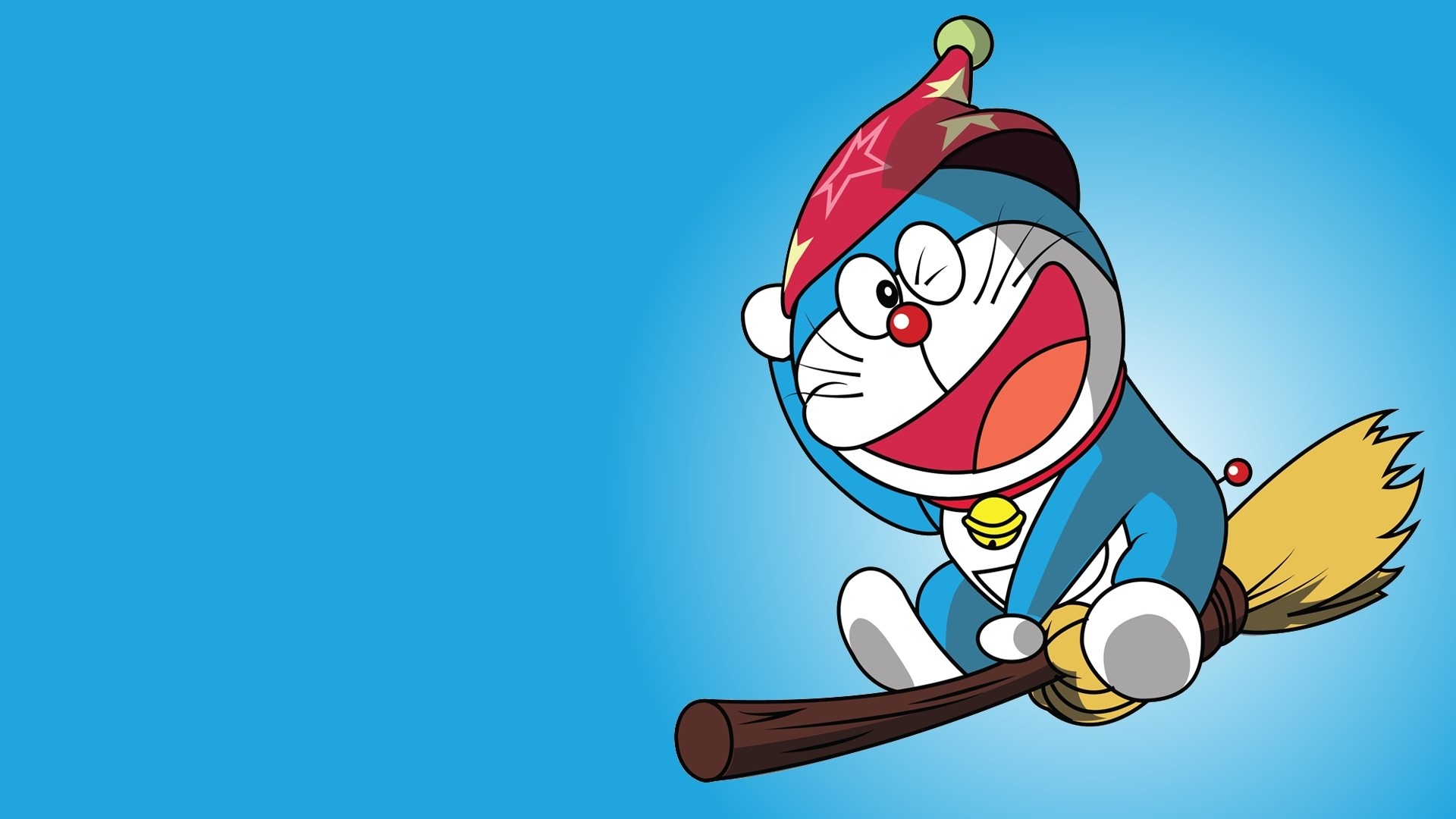 Doraemon riding a broomstick with a wizard hat HD Wallpaper