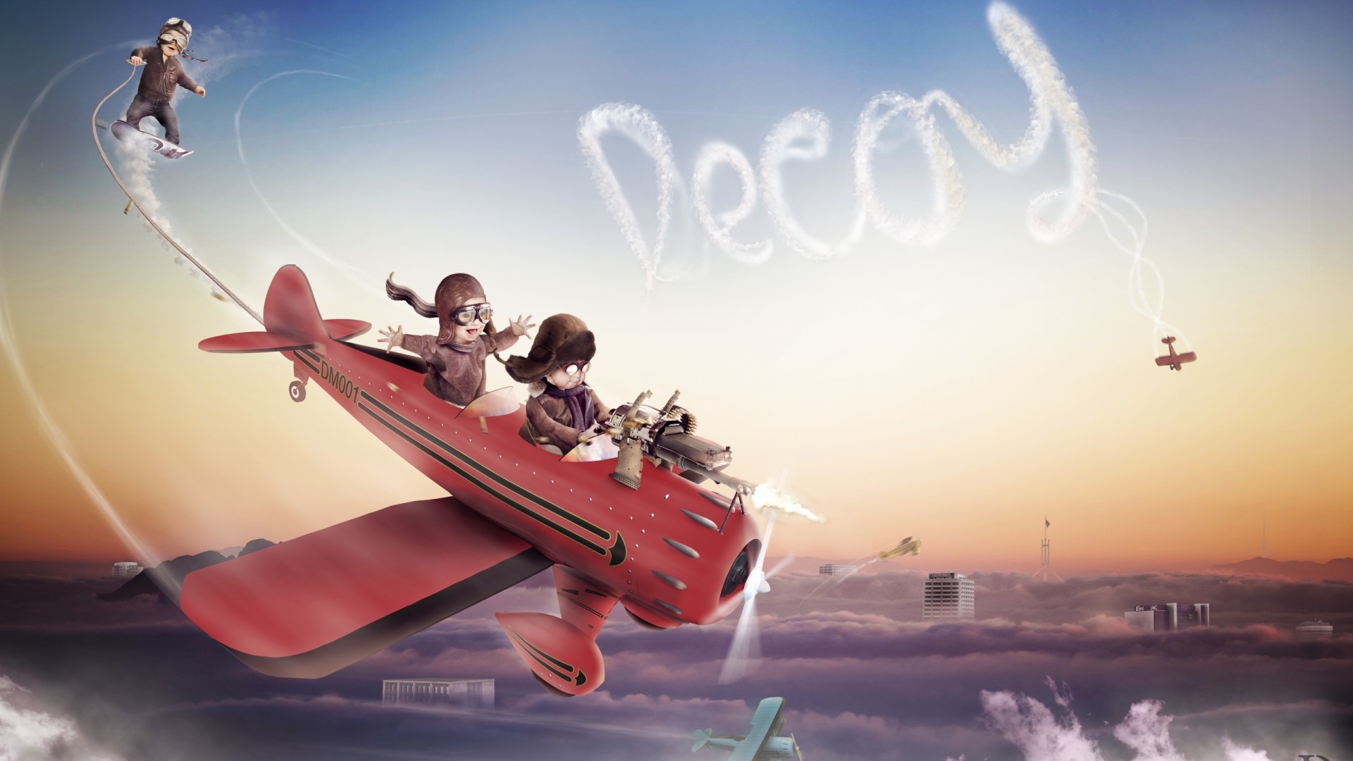 Children in a red airplane flying through clouds HD Wallpaper