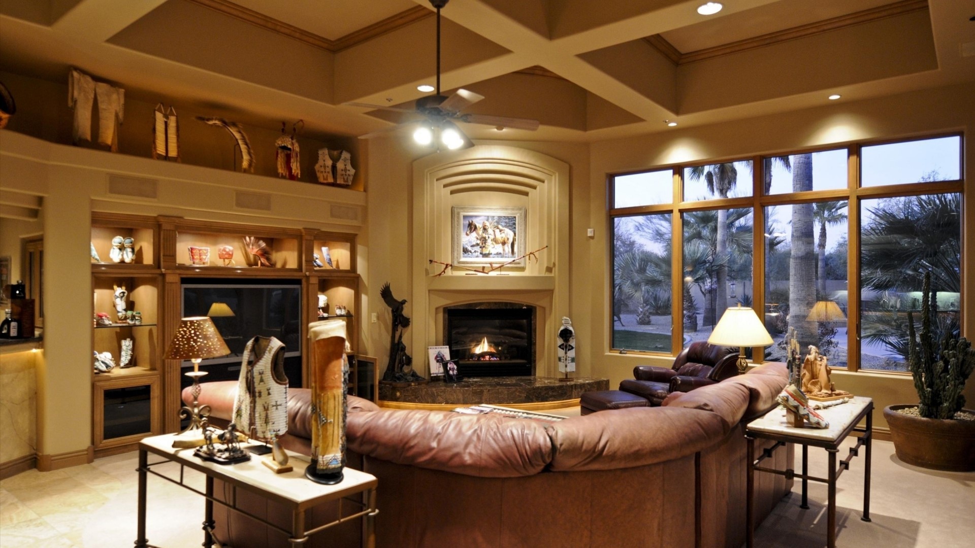 Living room with fireplace and large windows HD Wallpaper