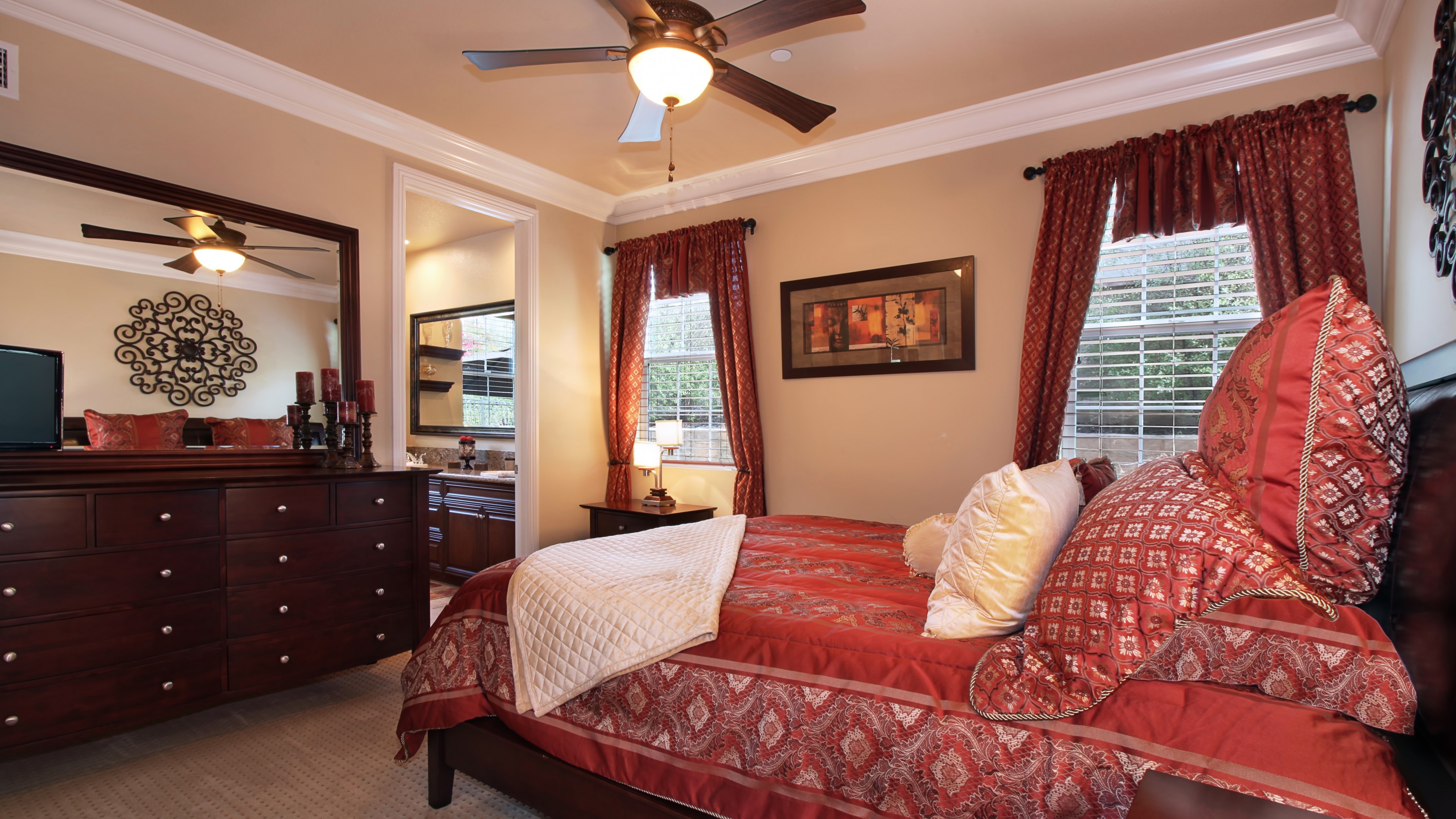 Bedroom with dresser and bed HD Wallpaper