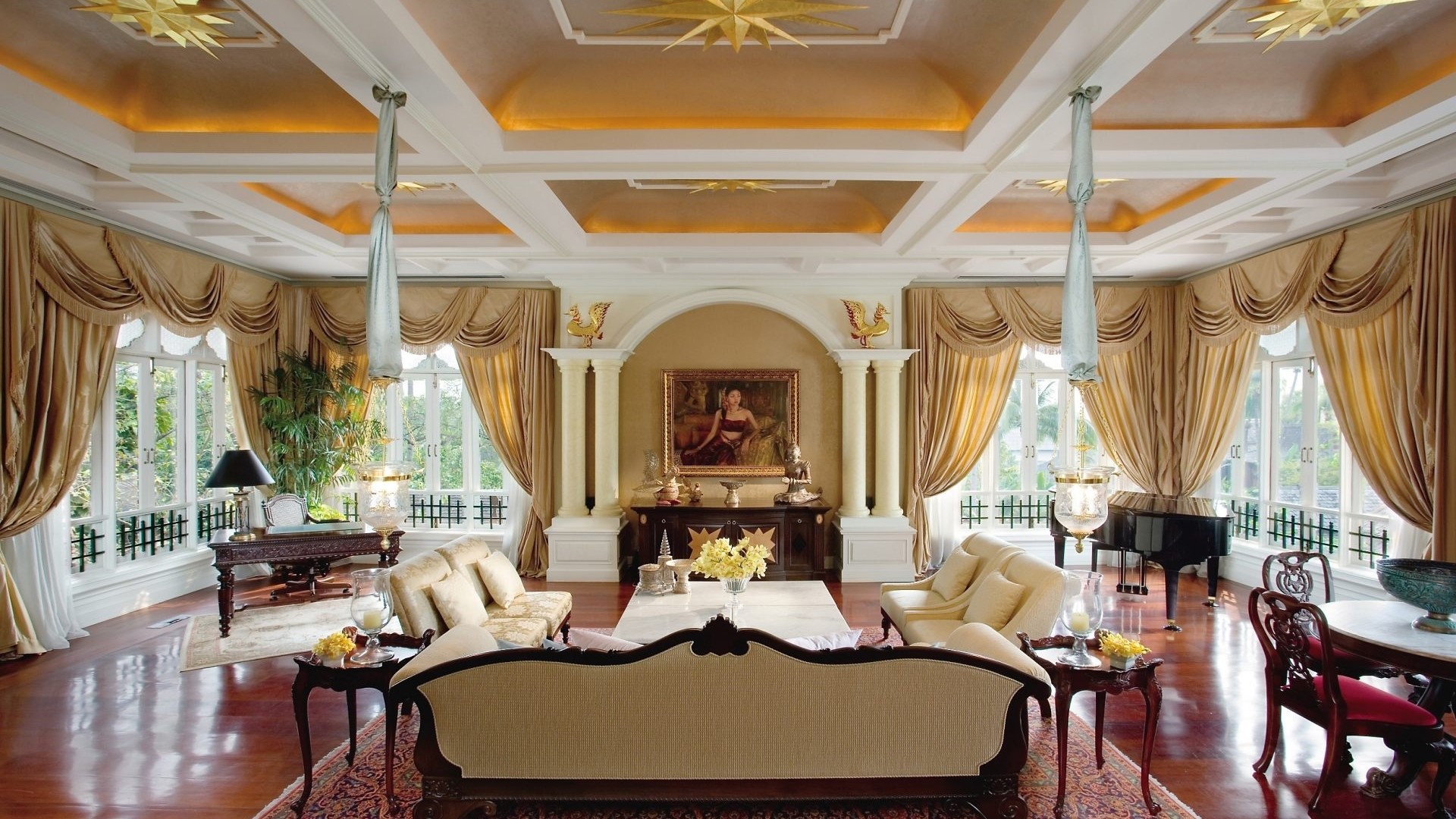 Luxury hotel living room with grand piano and ornate decor HD Wallpaper