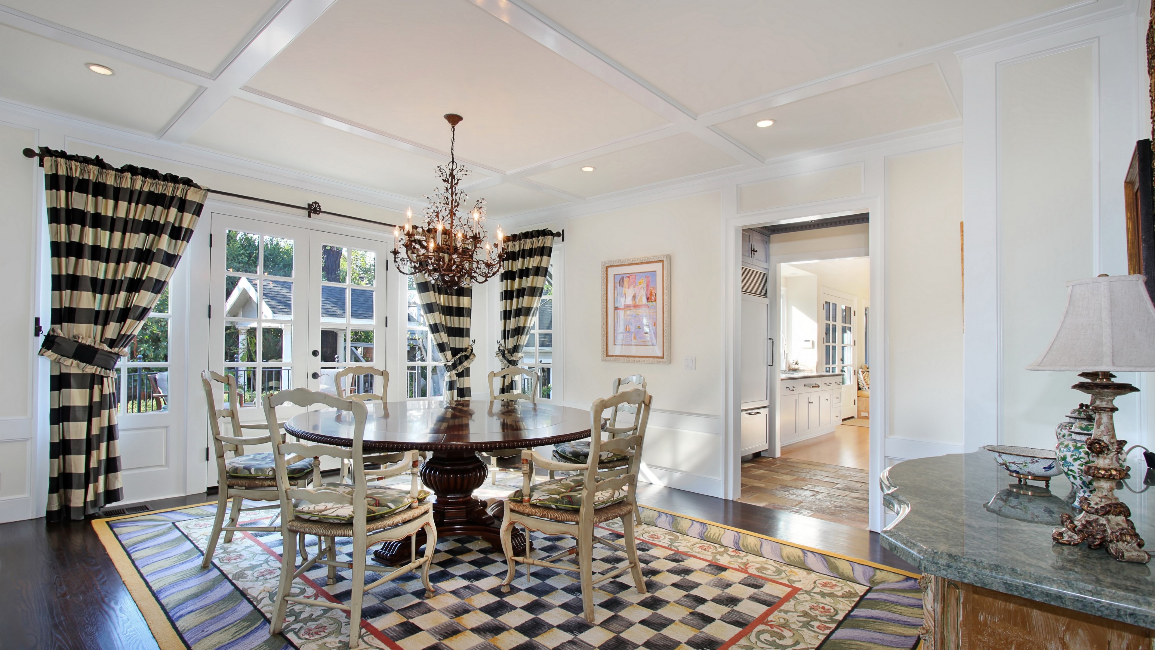 Dining Room with Chandelier and Striped Curtains HD Wallpaper