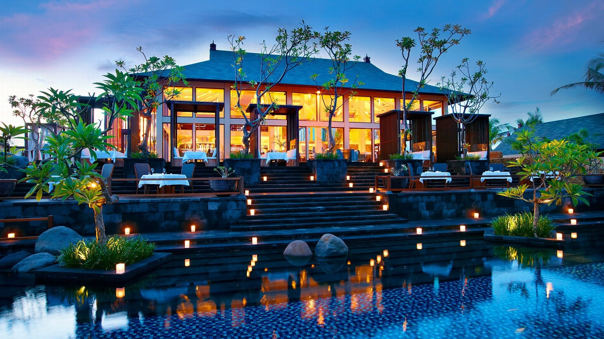 Ayana Resort Bali at dusk with pool HD Wallpaper