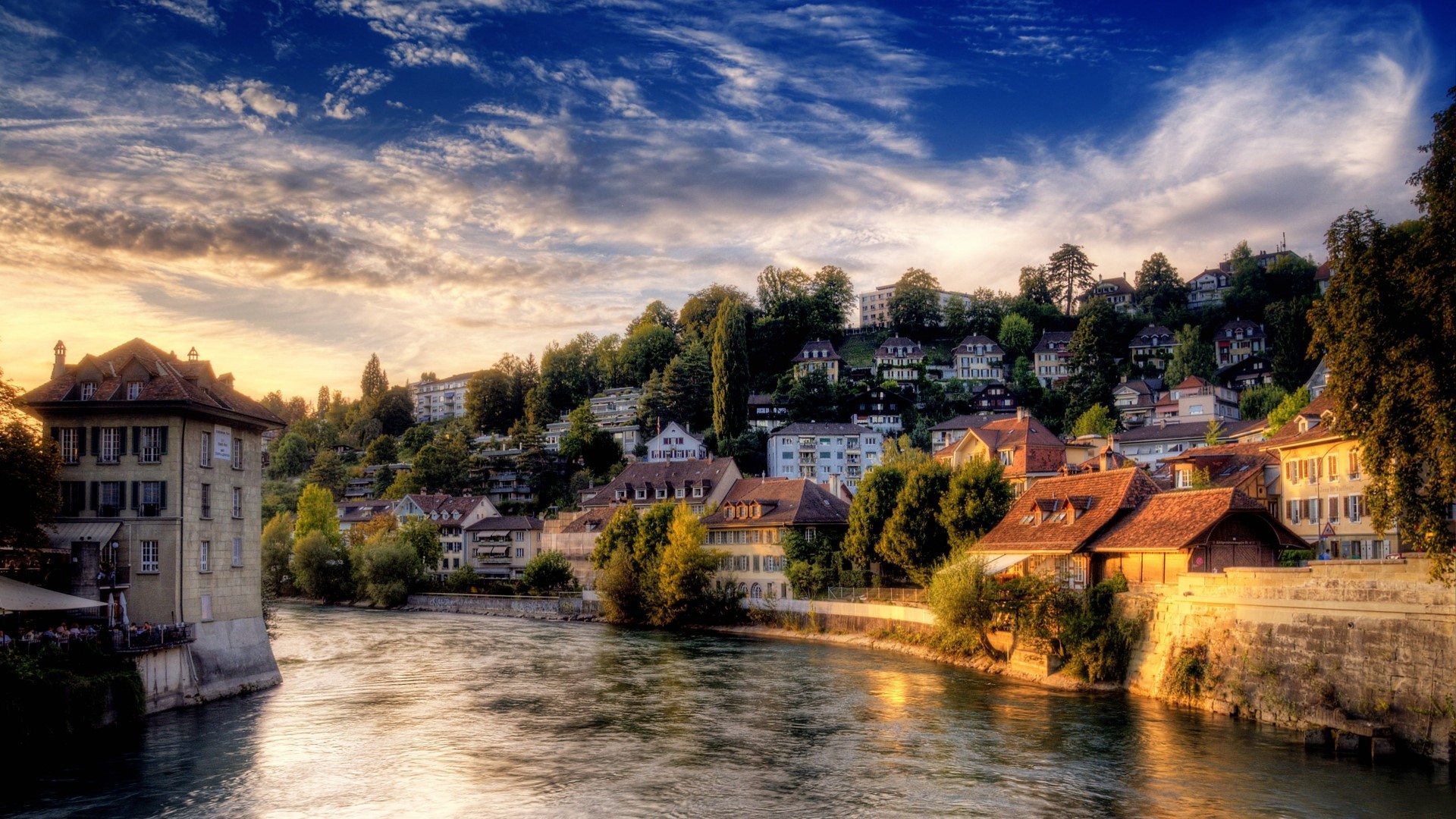 Bern cityscape with river and buildings at sunset HD Wallpaper
