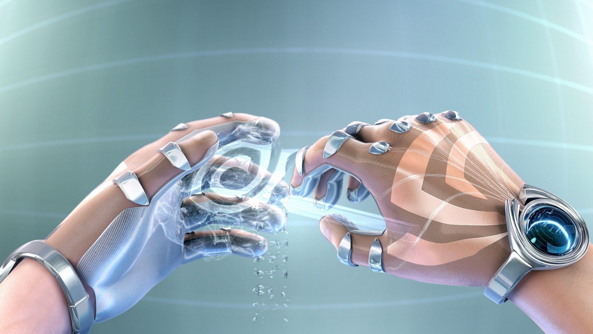 Cyborg hands interacting with holographic interface HD Wallpaper