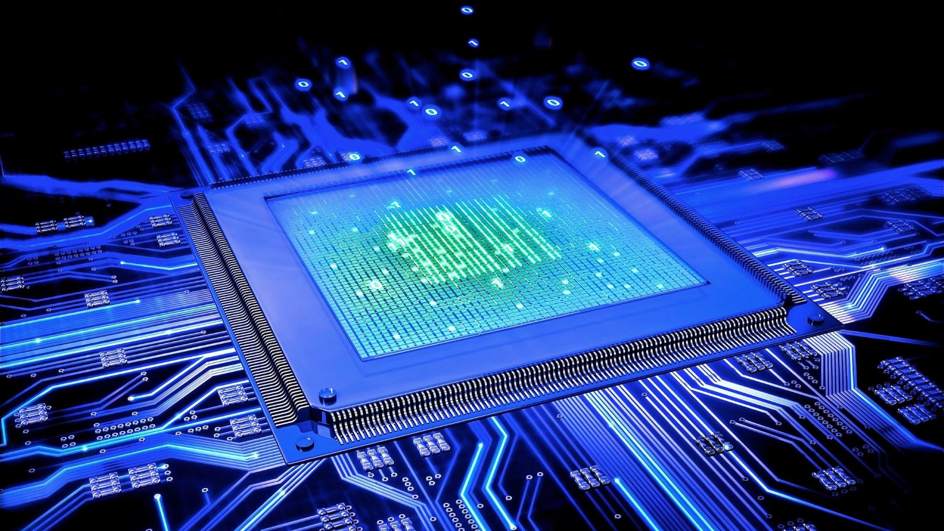 Computer processor on a blue circuit board with binary code HD Wallpaper