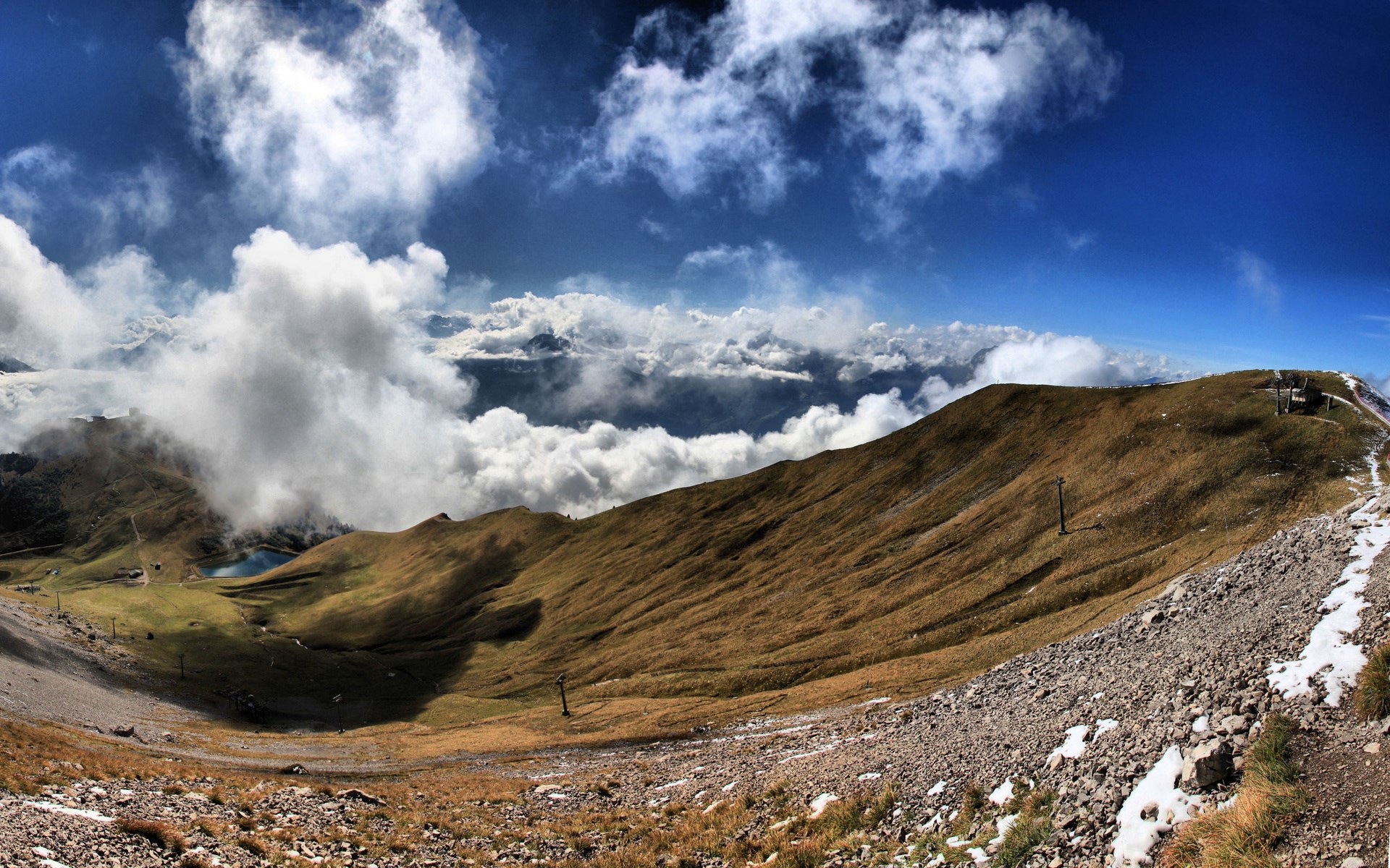 Mountain landscape with clouds and a lake HD Wallpaper