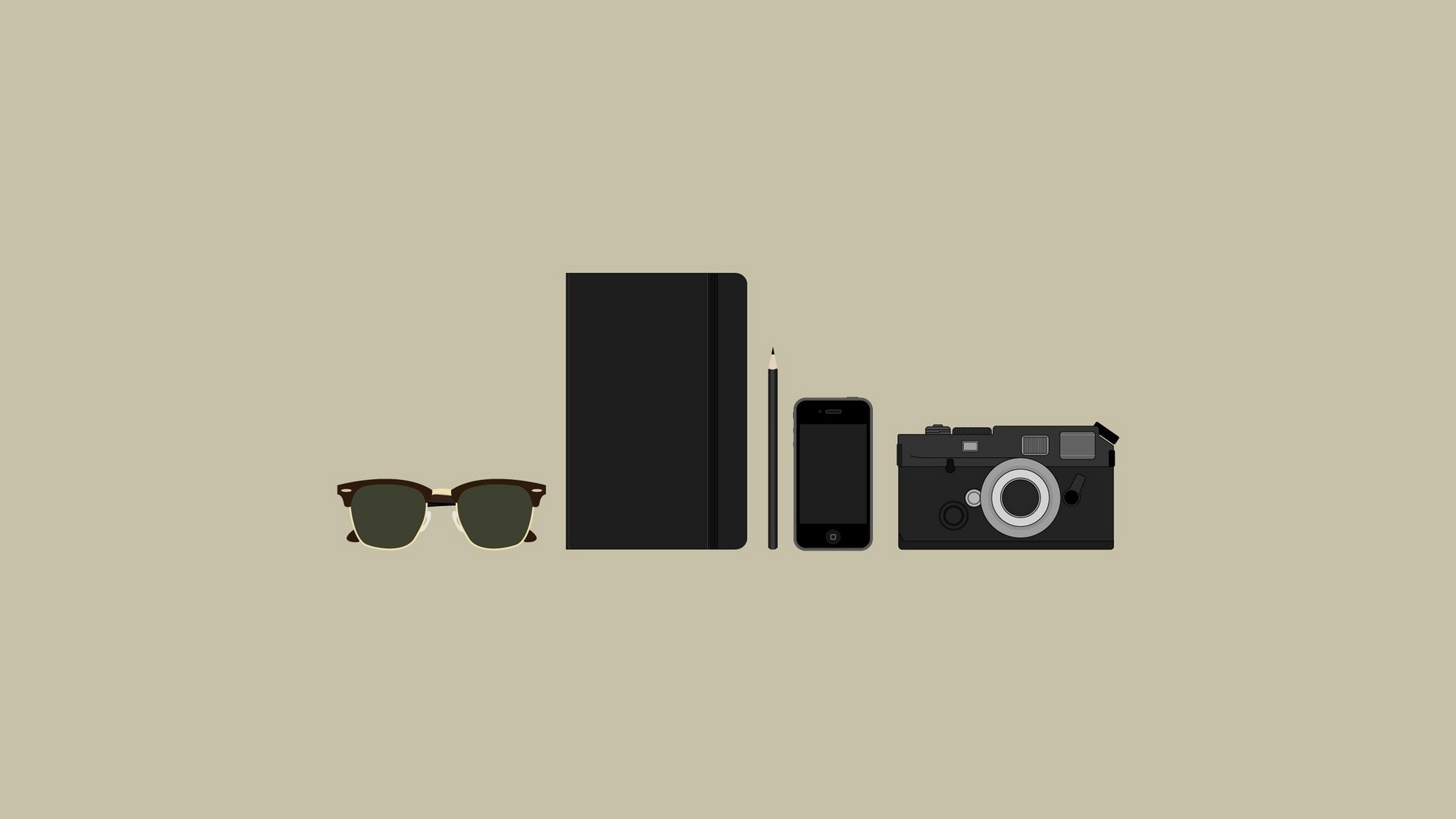 Minimalist flat lay of sunglasses, notebook, phone, and camera HD Wallpaper