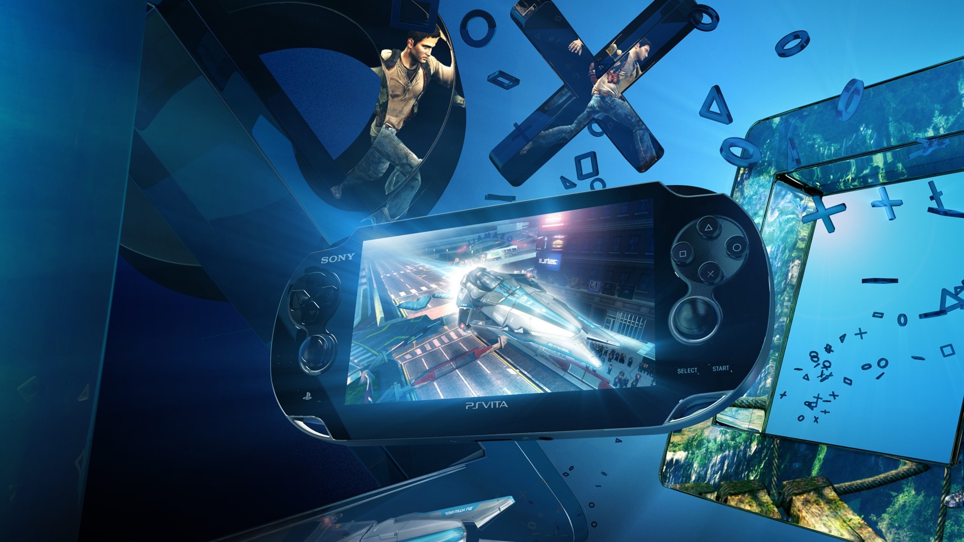 Playstation Vita with Uncharted characters and game footage HD Wallpaper