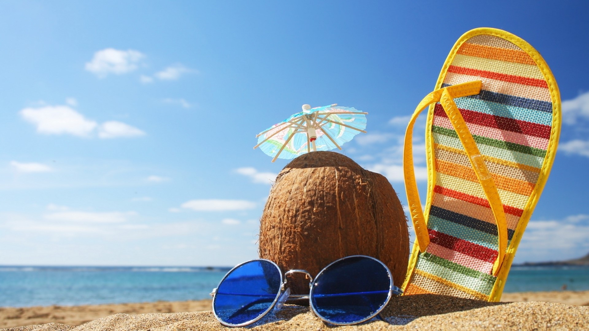 Summer Beach Holiday with Coconut and Flip-flops HD Wallpaper