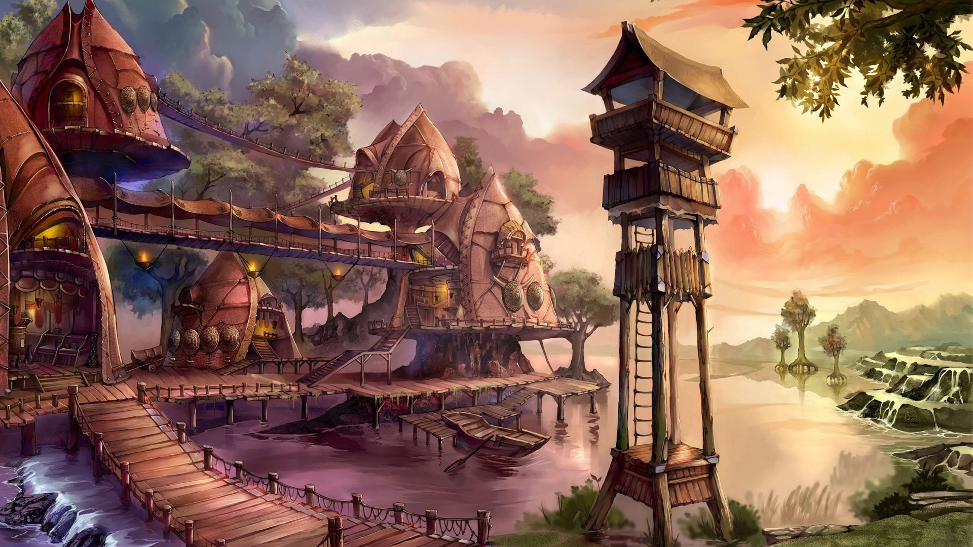 Fantasy village with treehouses and a watchtower by the water HD Wallpaper