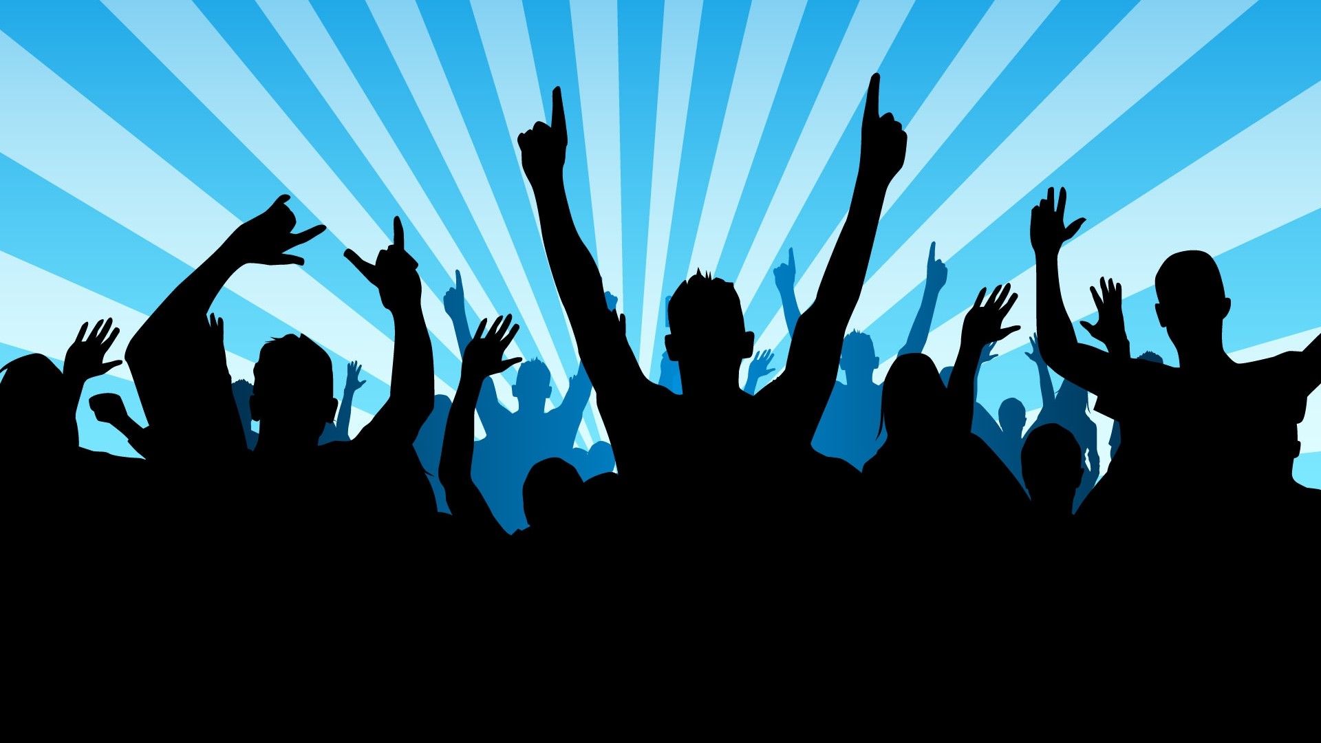 Crowd with hands raised against blue sunburst HD Wallpaper