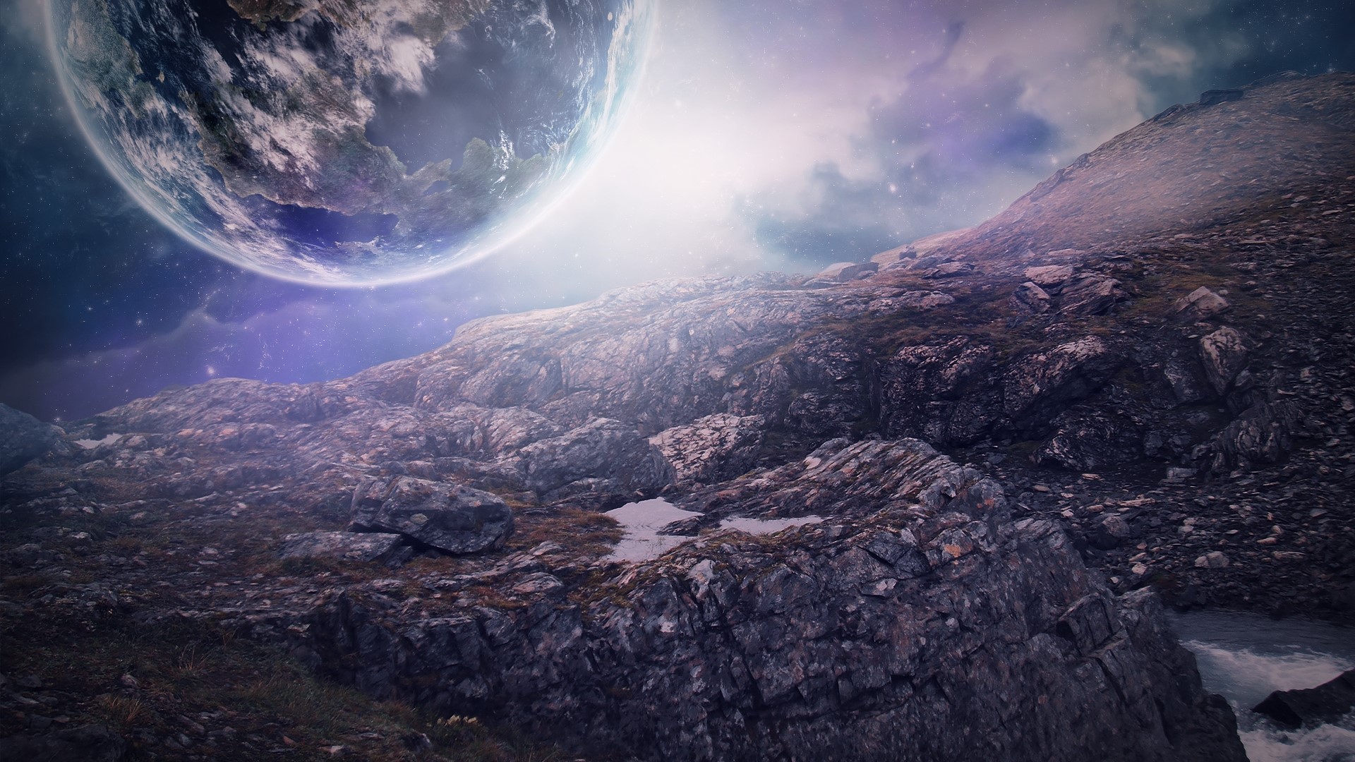 Planet over rocky alien landscape HD Wallpaper