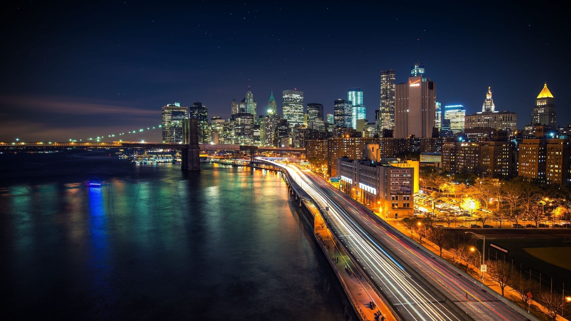 Manhattan Bridge and Skyline at Night HD Wallpaper
