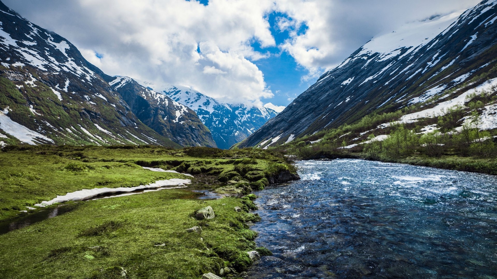 Snow-capped mountains and a river in Norway HD Wallpaper