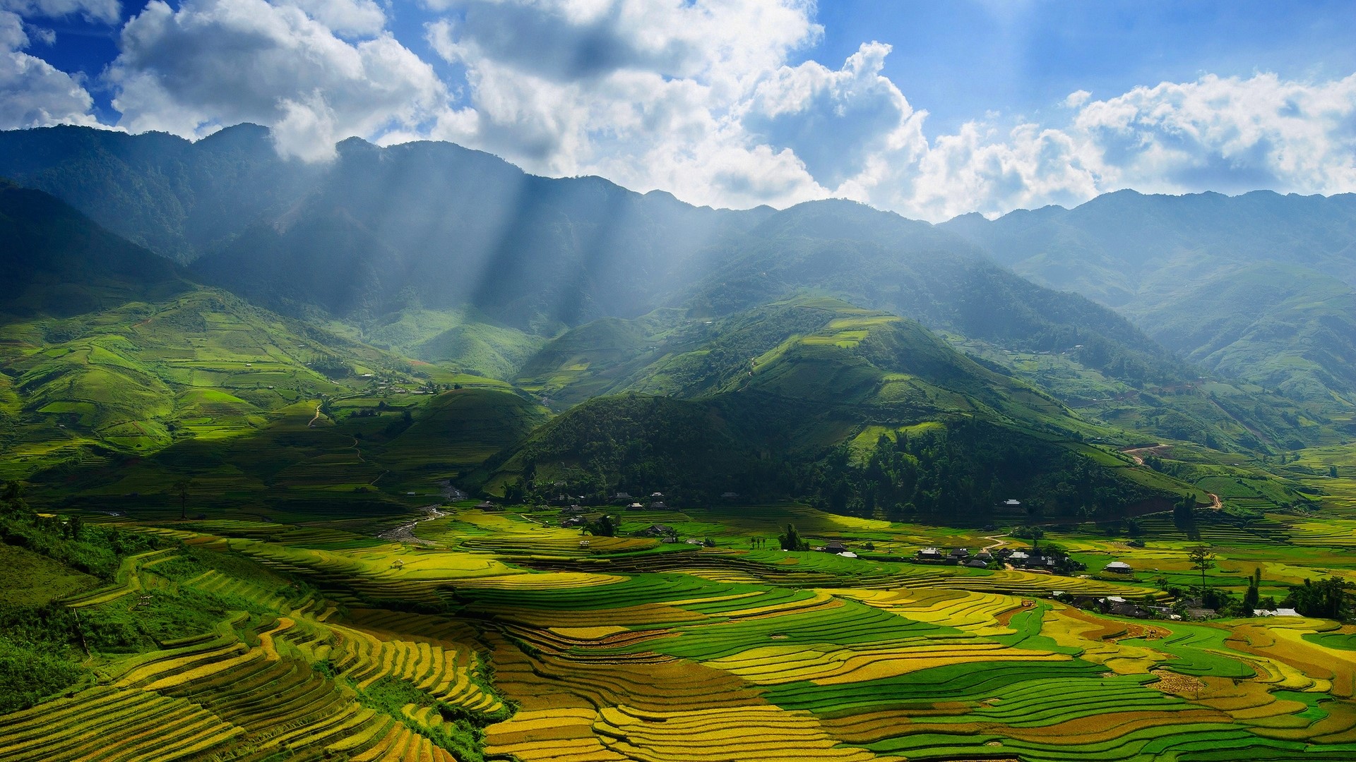 Sunlight through clouds over terraced rice fields and mountains HD Wallpaper
