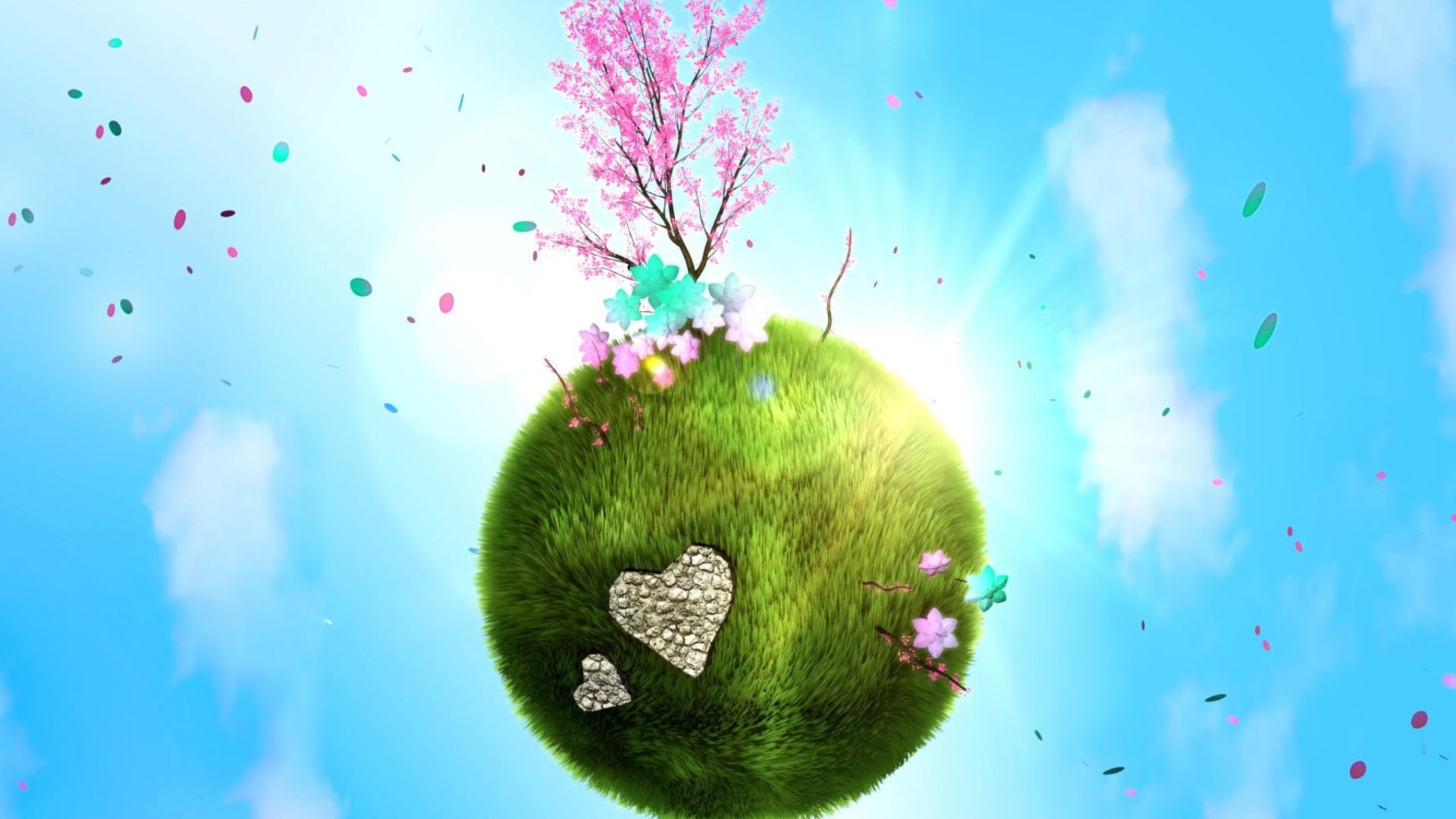 Green planet with cherry blossoms and confetti HD Wallpaper