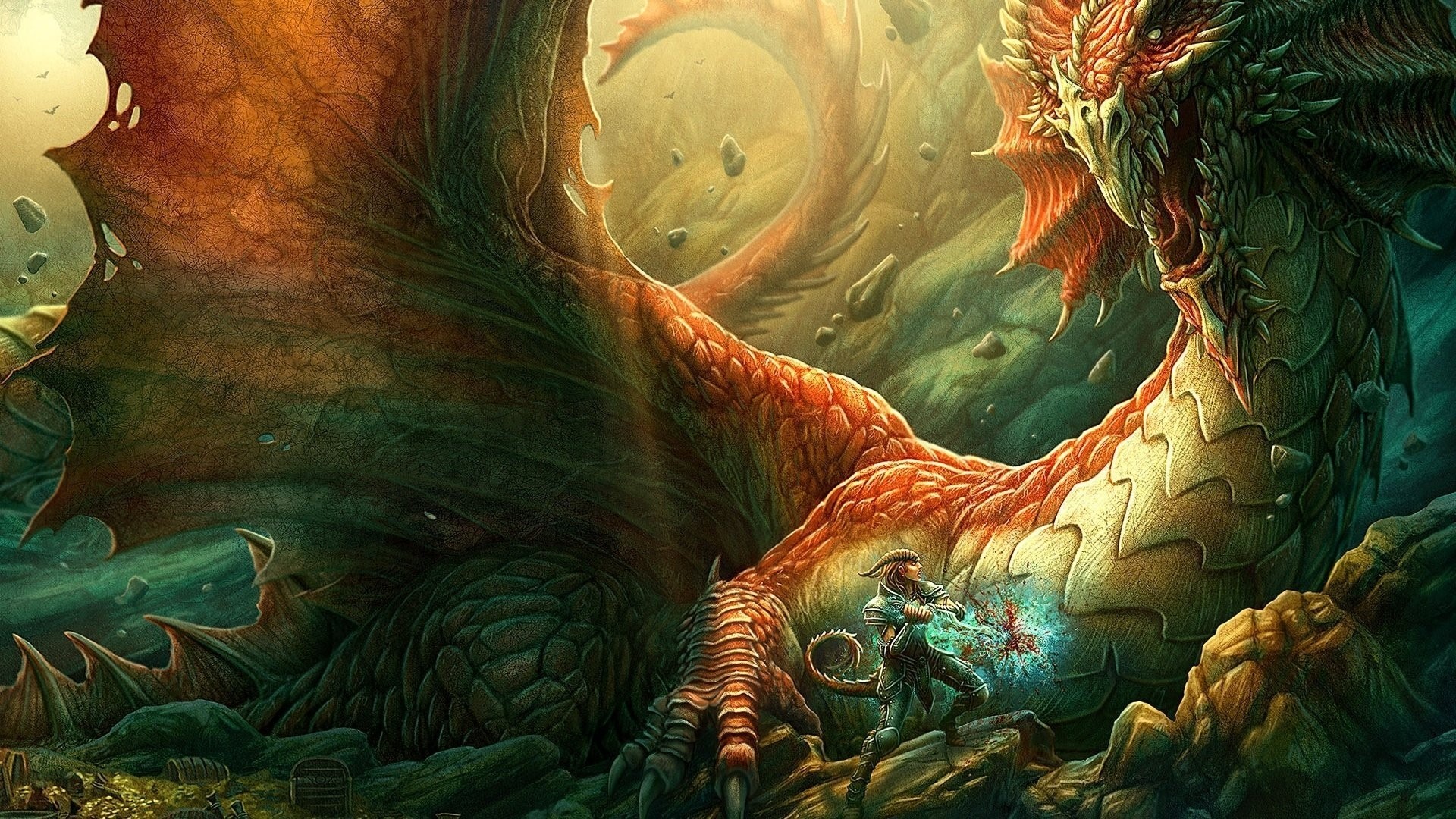 Dragon fighting a warrior in a fantasy landscape HD Wallpaper