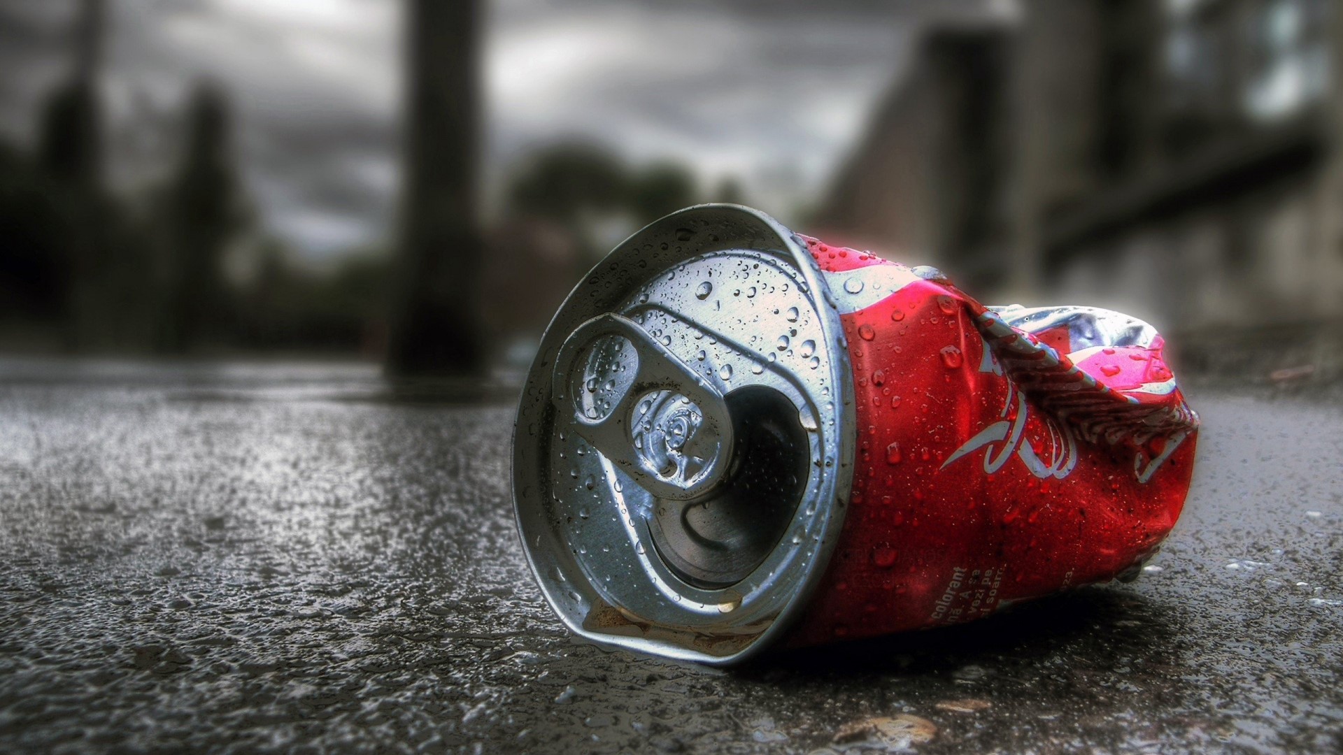 Crushed Coca-Cola can on wet ground HD Wallpaper