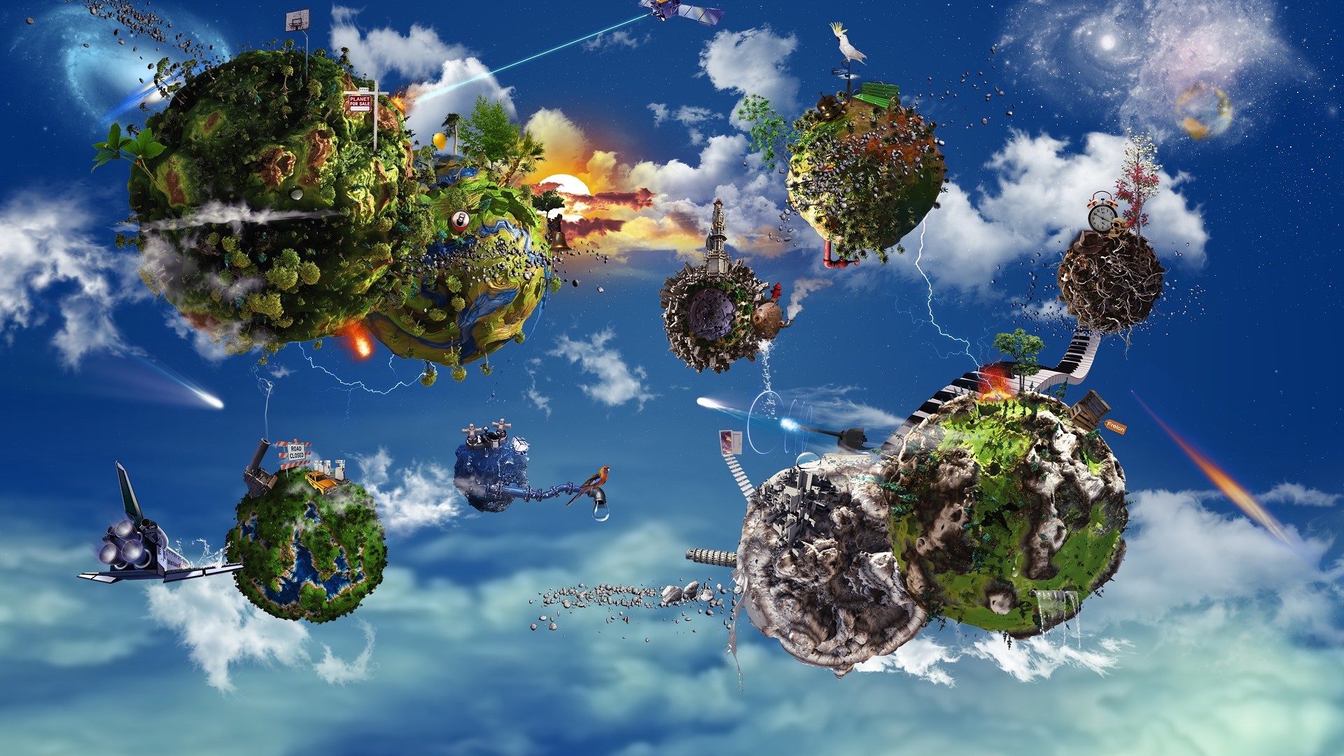 Surreal floating planets with various objects and celestial bodies HD Wallpaper