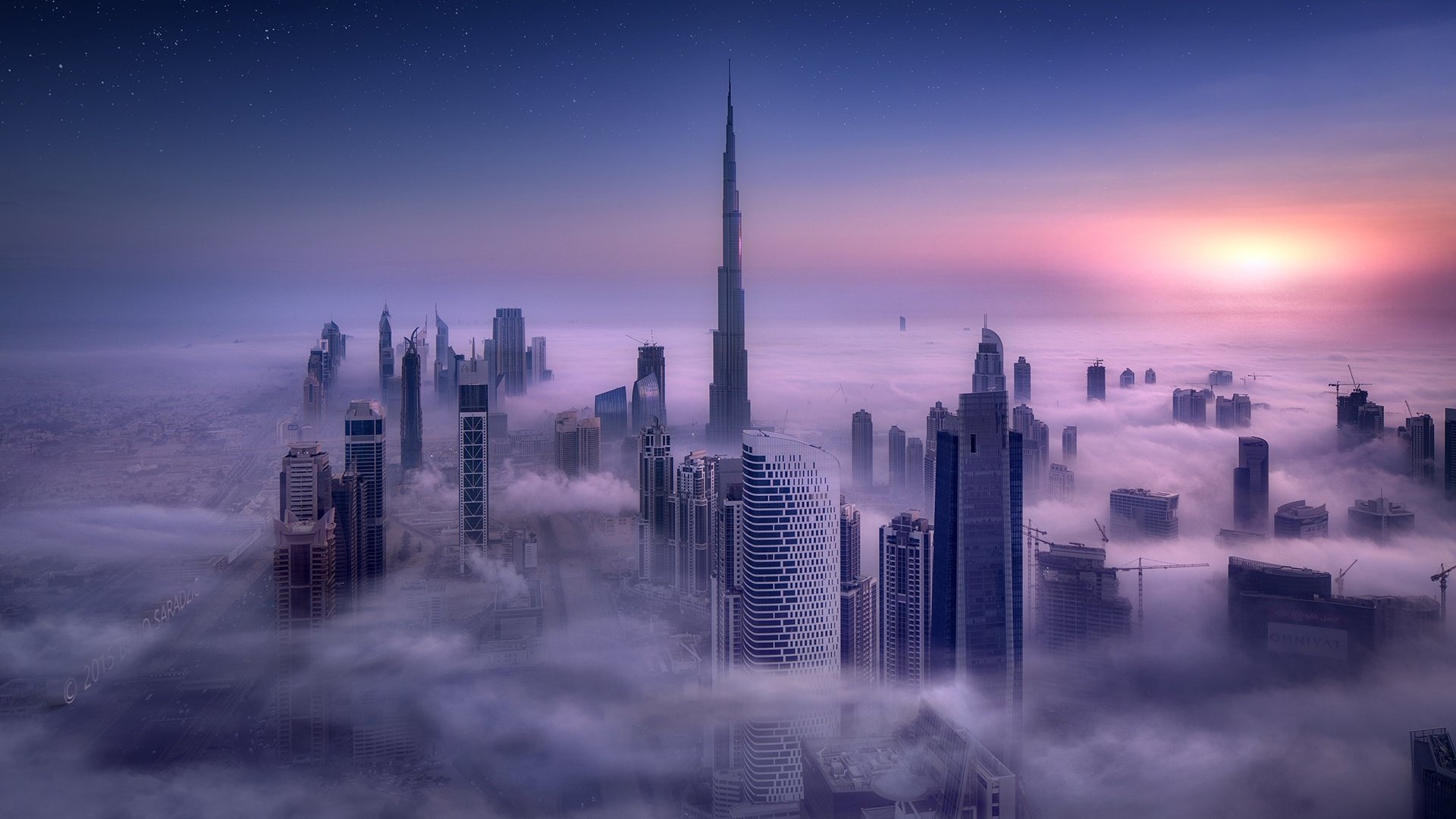 Dubai Skyline in Fog at Sunrise HD Wallpaper
