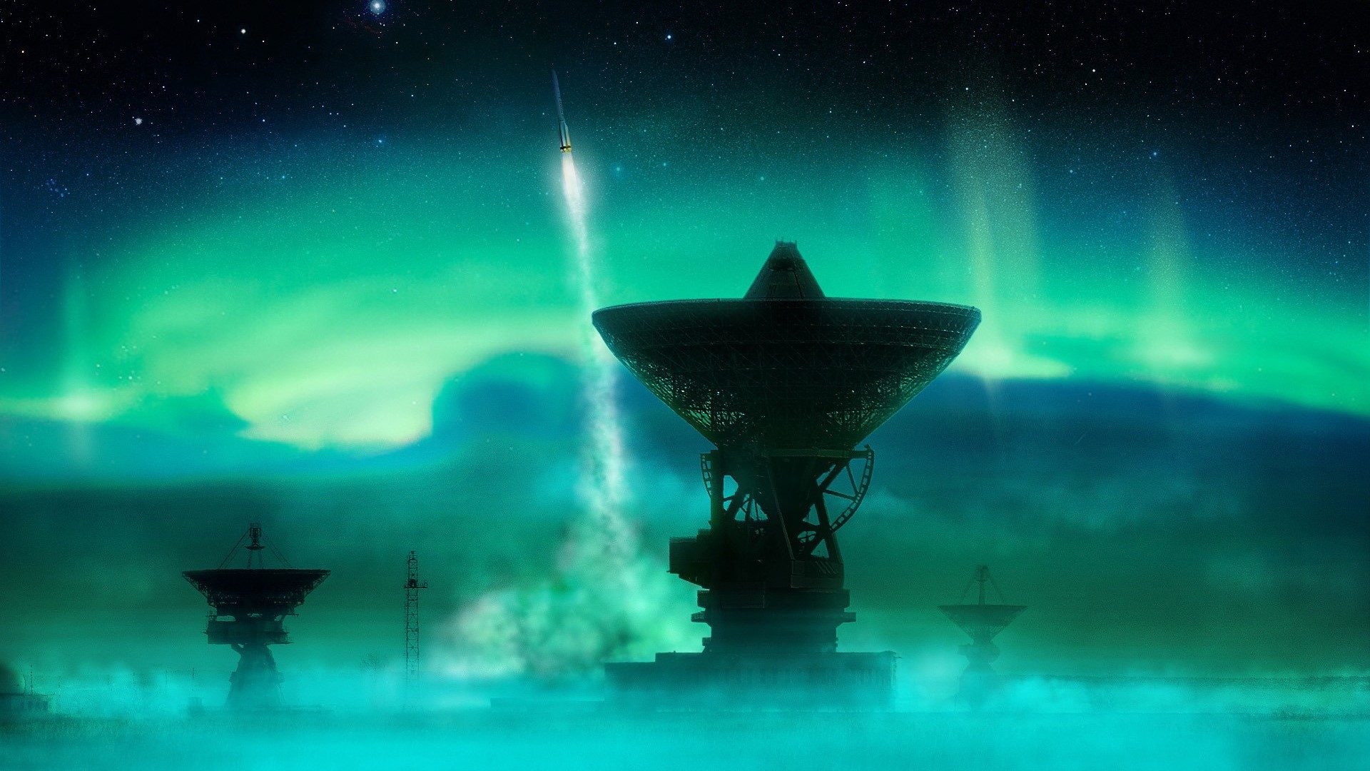 Rocket Launch Under Northern Lights with Satellite Dishes HD Wallpaper