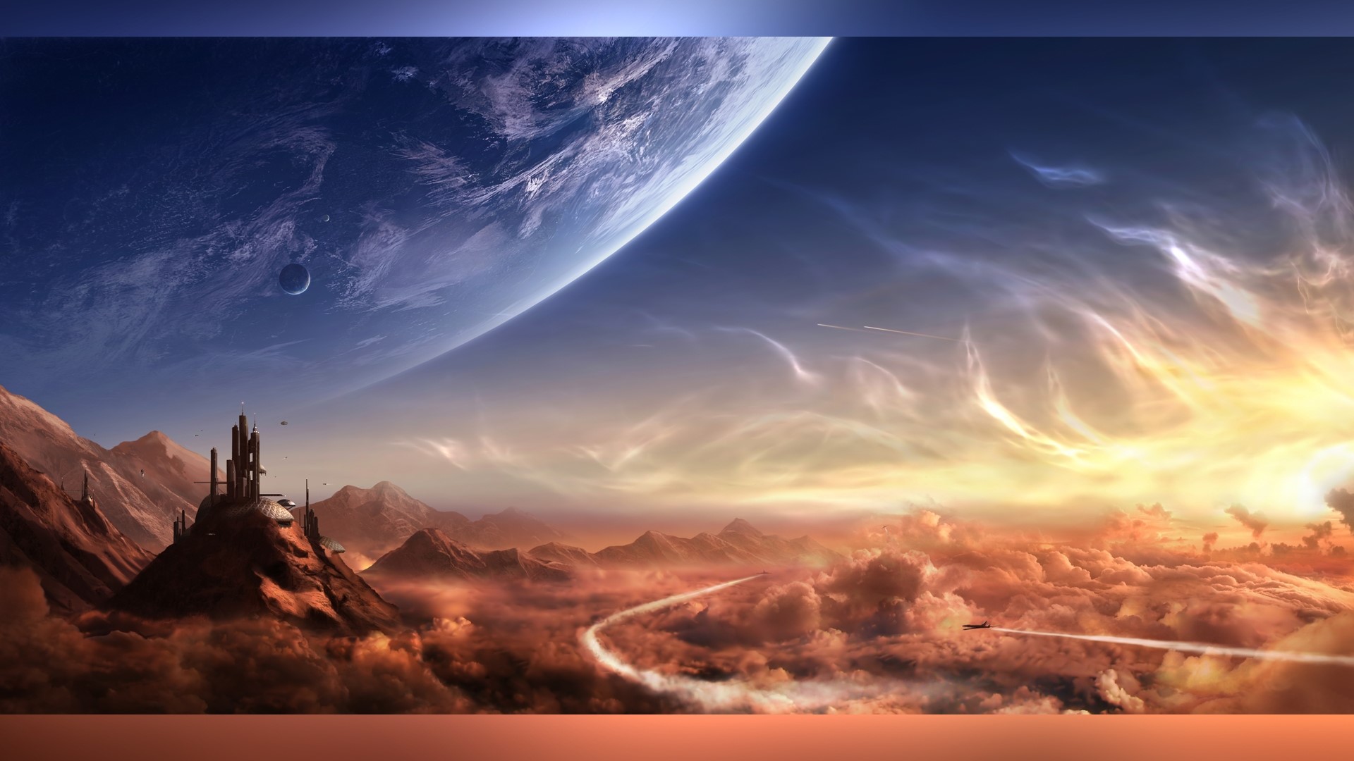 Alien planet with city and large planet in sky HD Wallpaper