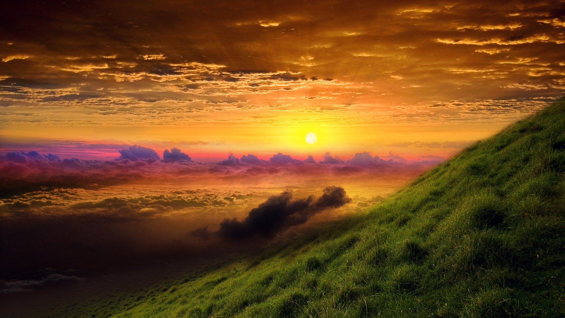 Sunrise over clouds with grassy hill HD Wallpaper