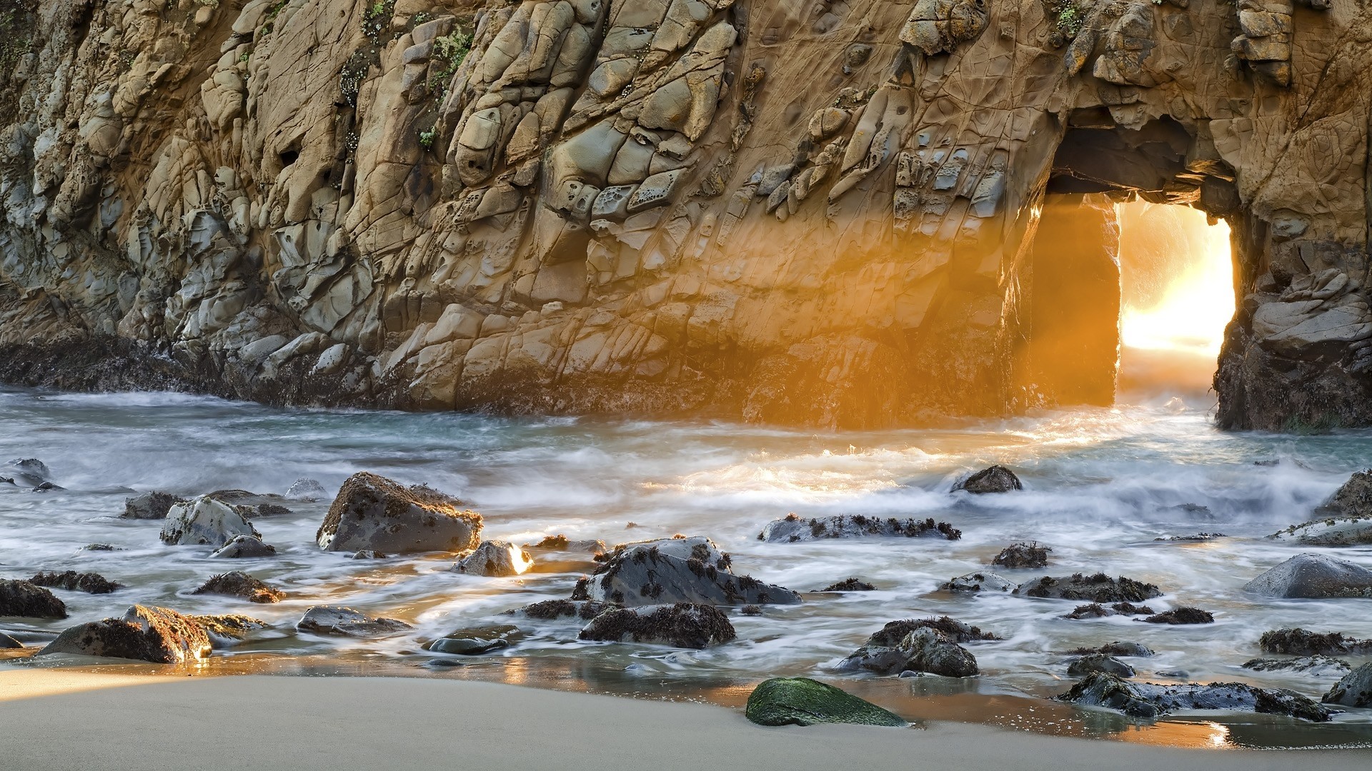 Rocky California Coastline with Sea Arch at Sunset HD Wallpaper