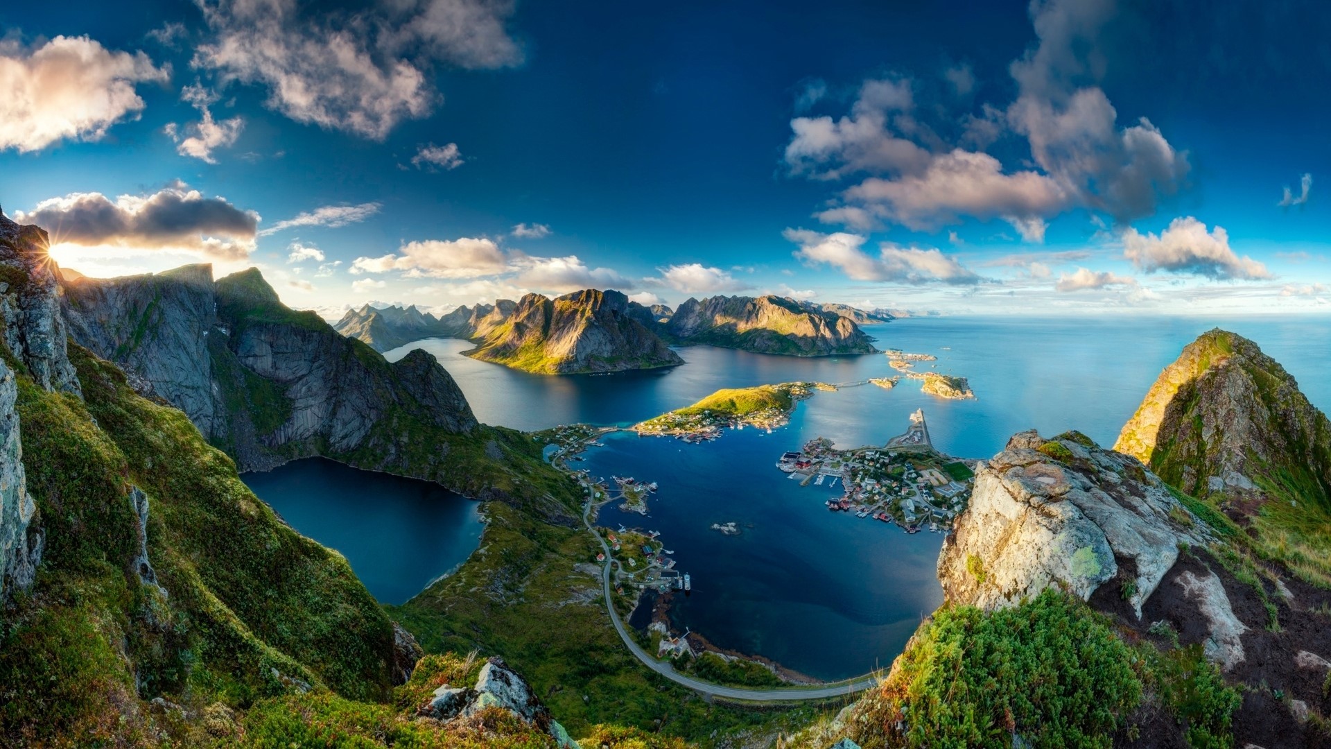Panoramic view of Reinebringen mountains and village, Norway HD Wallpaper
