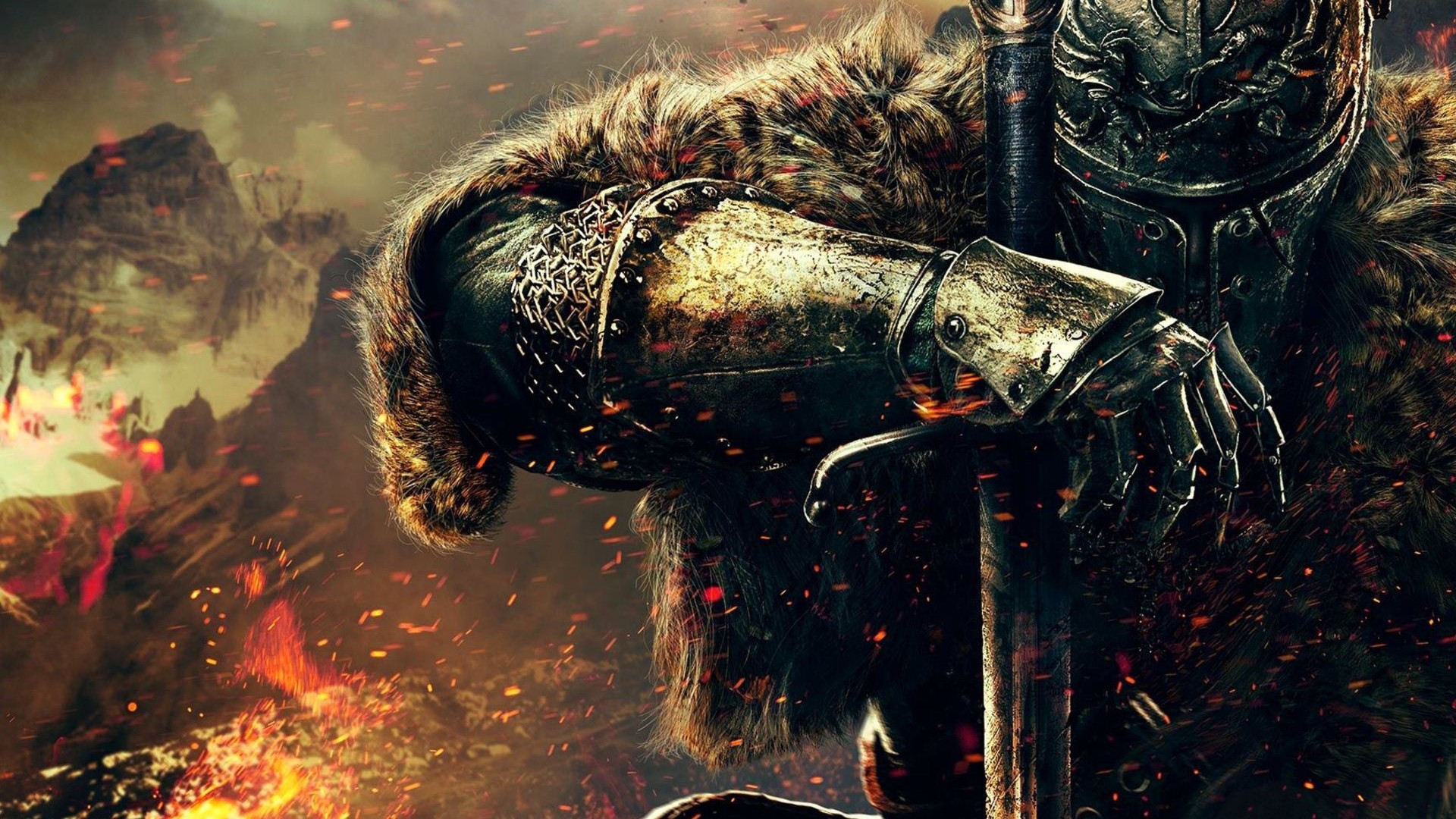 Knight in armor with sword in fiery mountains HD Wallpaper
