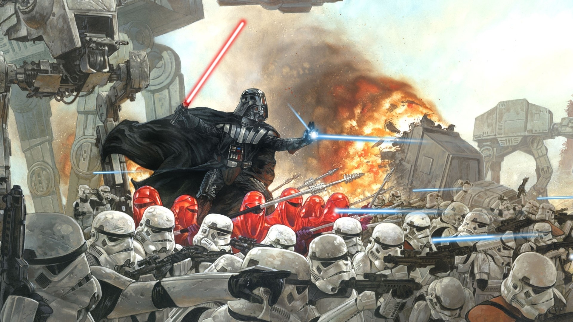 Darth Vader and Stormtroopers in Star Wars battle HD Wallpaper
