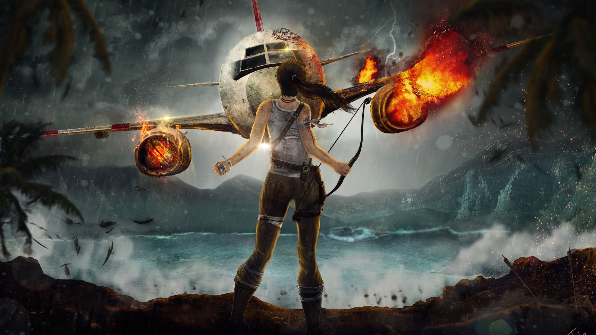 Lara Croft with burning airplane crash HD Wallpaper